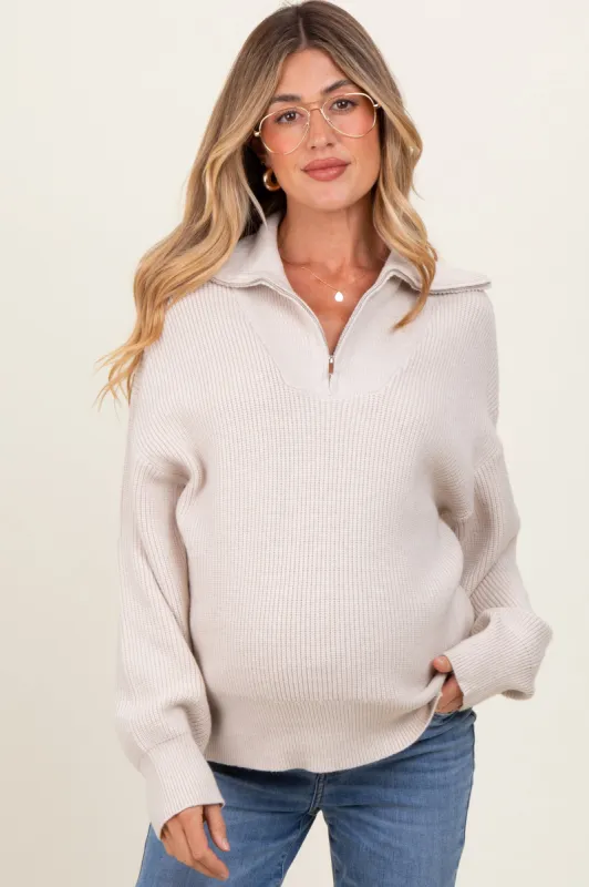 Cream Half Zip Chunky Knit Maternity Pullover Sweater sold by Pinkblush