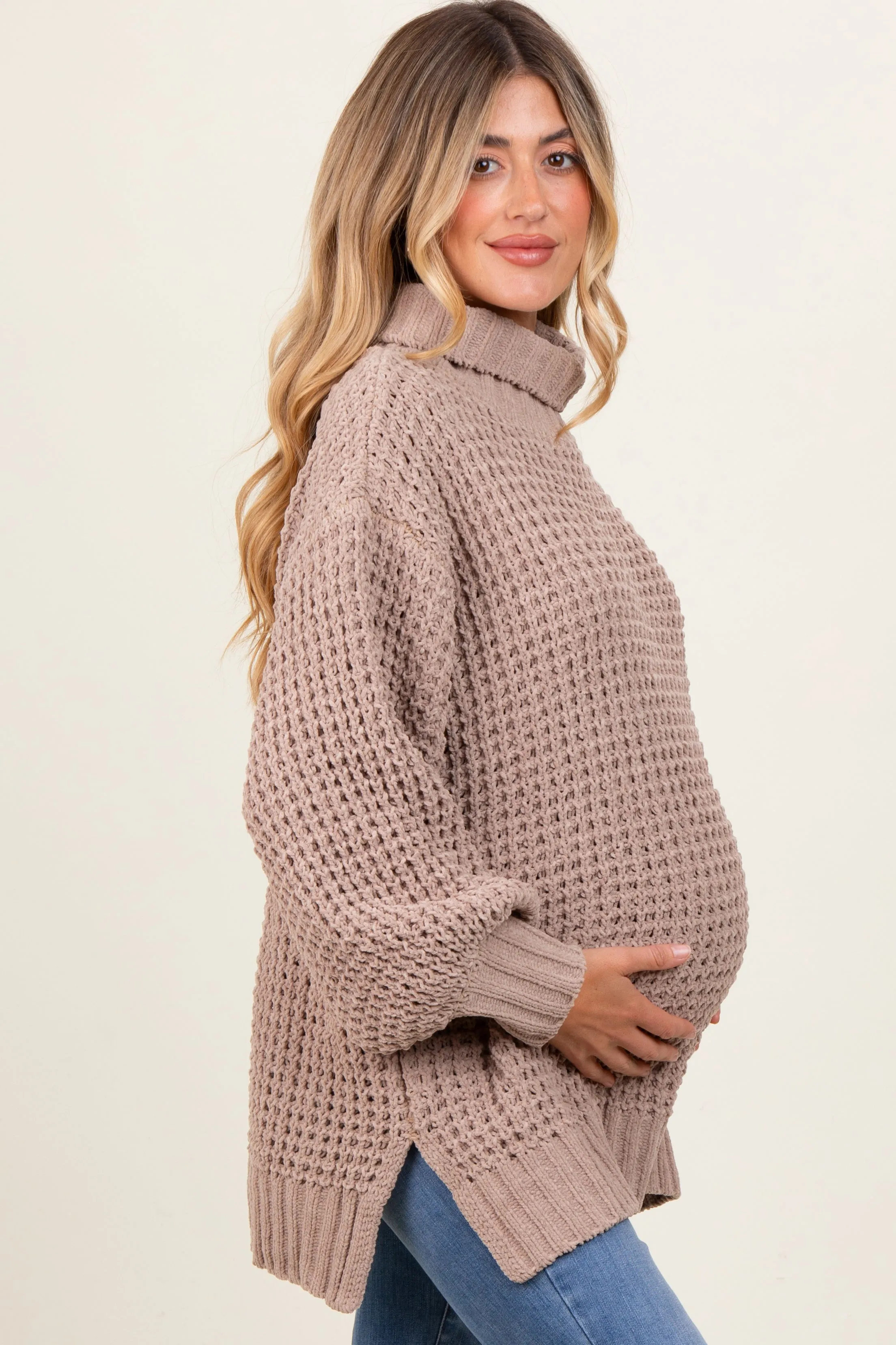 Dark Beige Chunky Waffle Knit Maternity Turtleneck Sweater sold by Pinkblush product image thumbnail 2