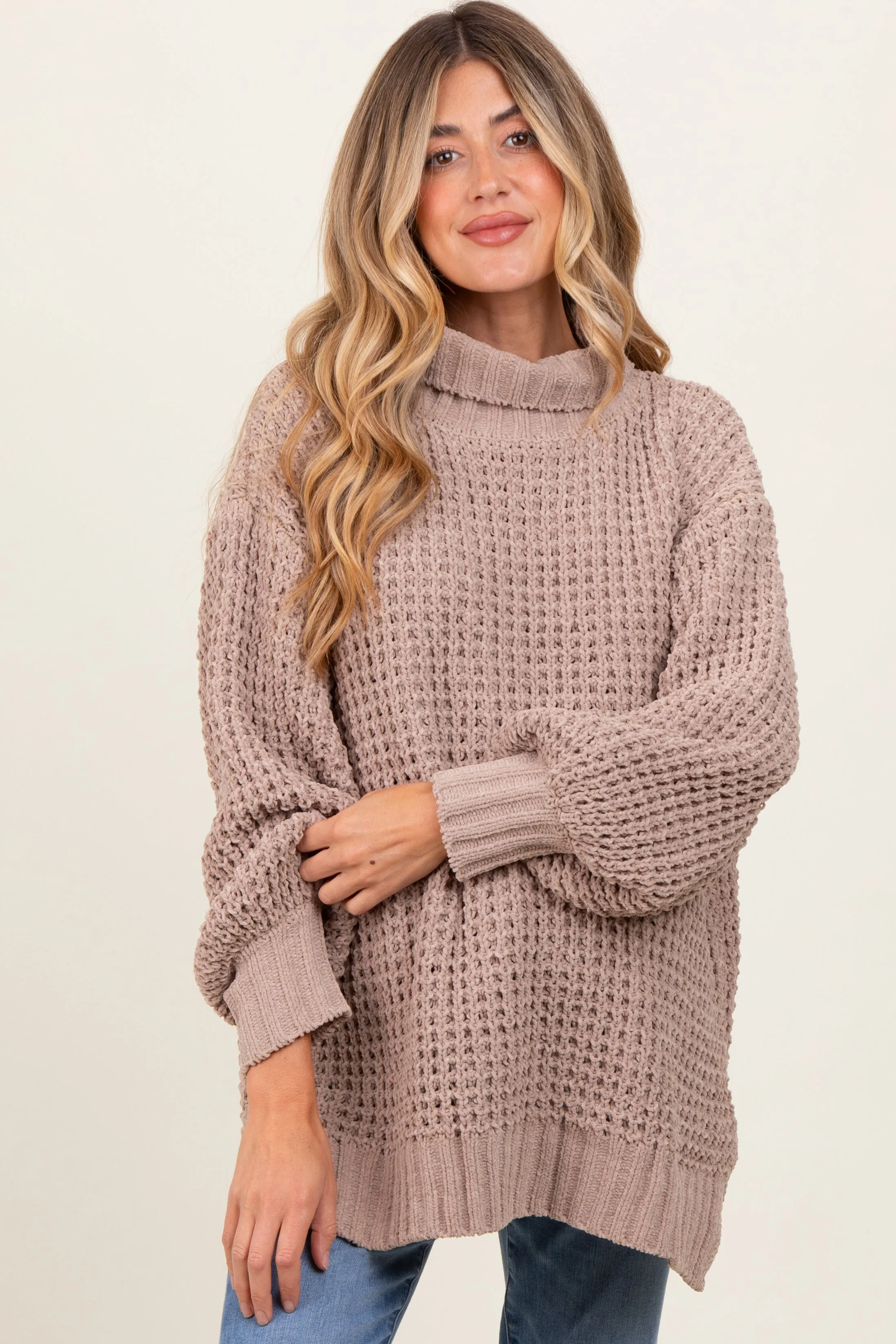 Dark Beige Chunky Waffle Knit Maternity Turtleneck Sweater sold by Pinkblush