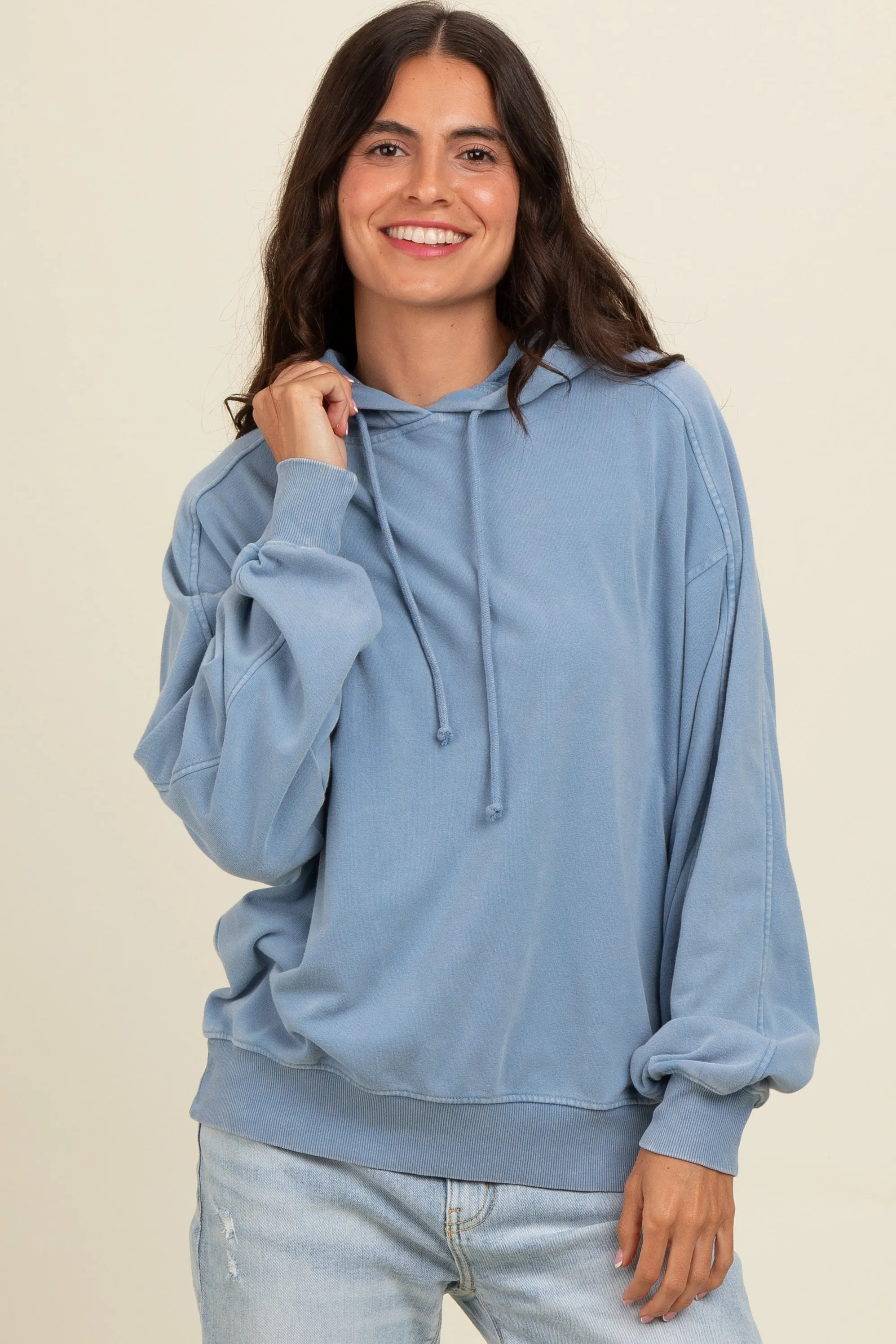 Blue Vintage Wash Oversized Drawstring Hoodie sold by Pinkblush