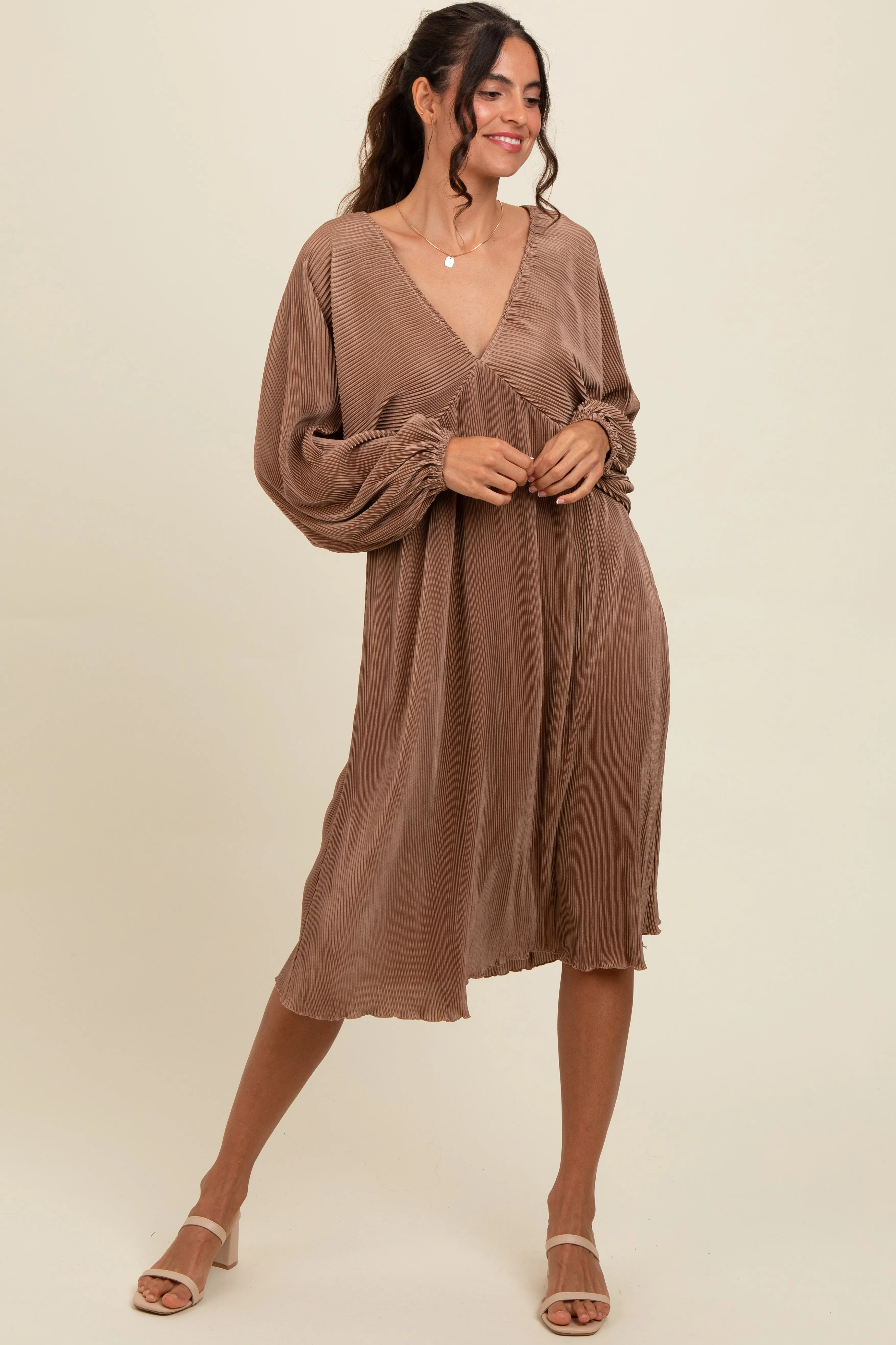 Mocha Pleated Deep V-Neck Midi Dress sold by Pinkblush