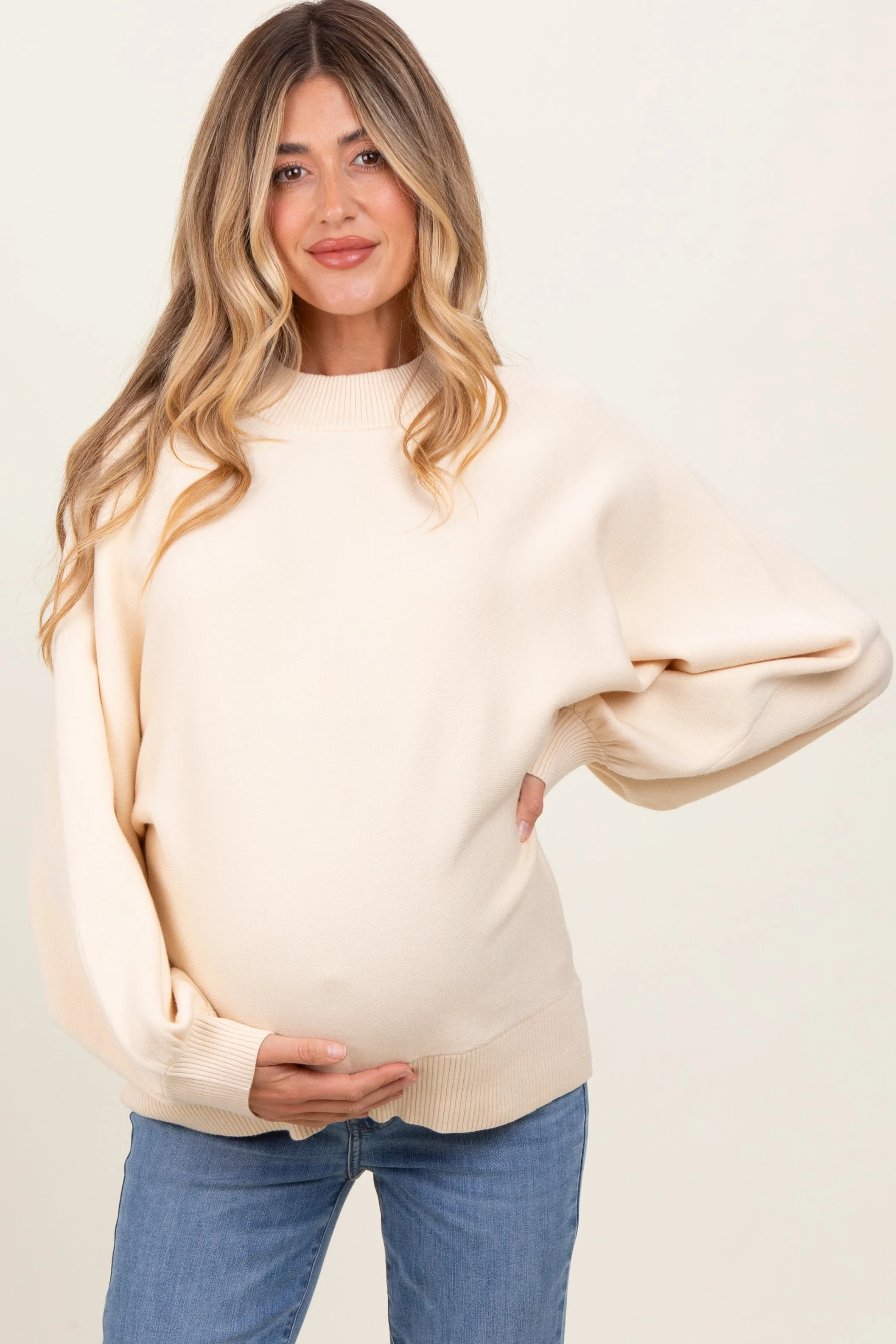 Cream Oversized Bubble Sleeve Maternity Sweater sold by Pinkblush