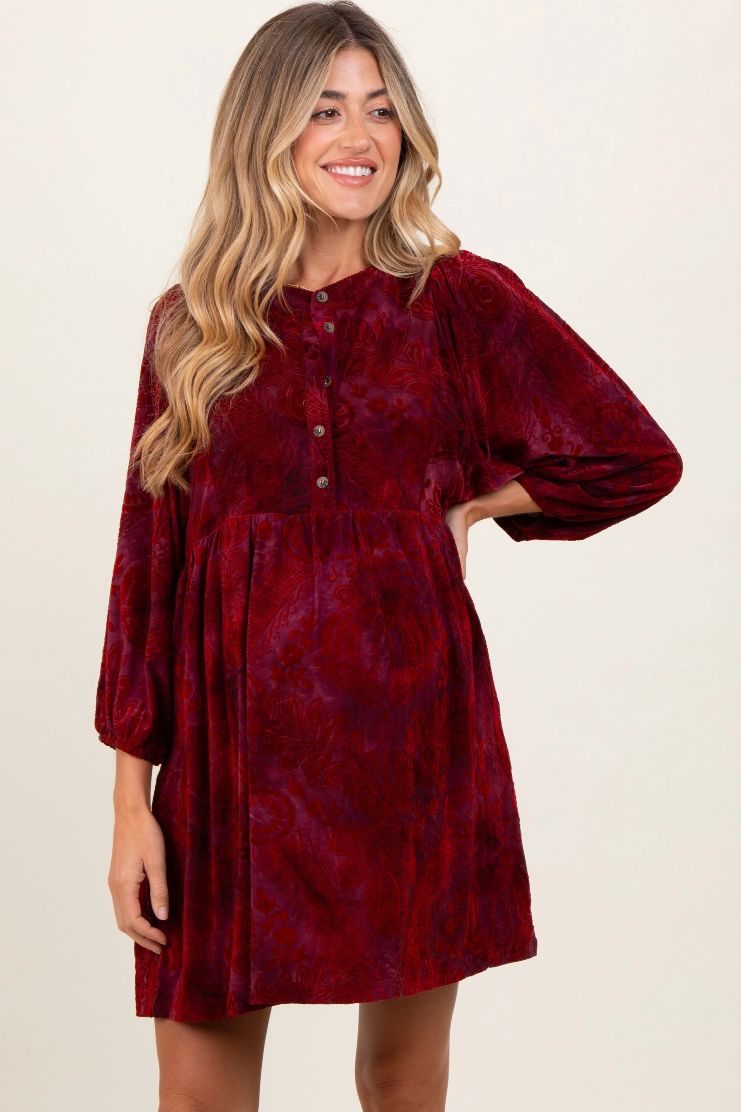 Burgundy Velvet Jacquard Button Up Maternity Dress sold by Pinkblush product image thumbnail 2