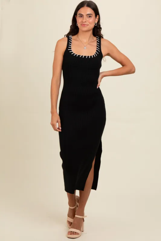 Black Knit Contrast Stitch Detail Midi Dress sold by Pinkblush