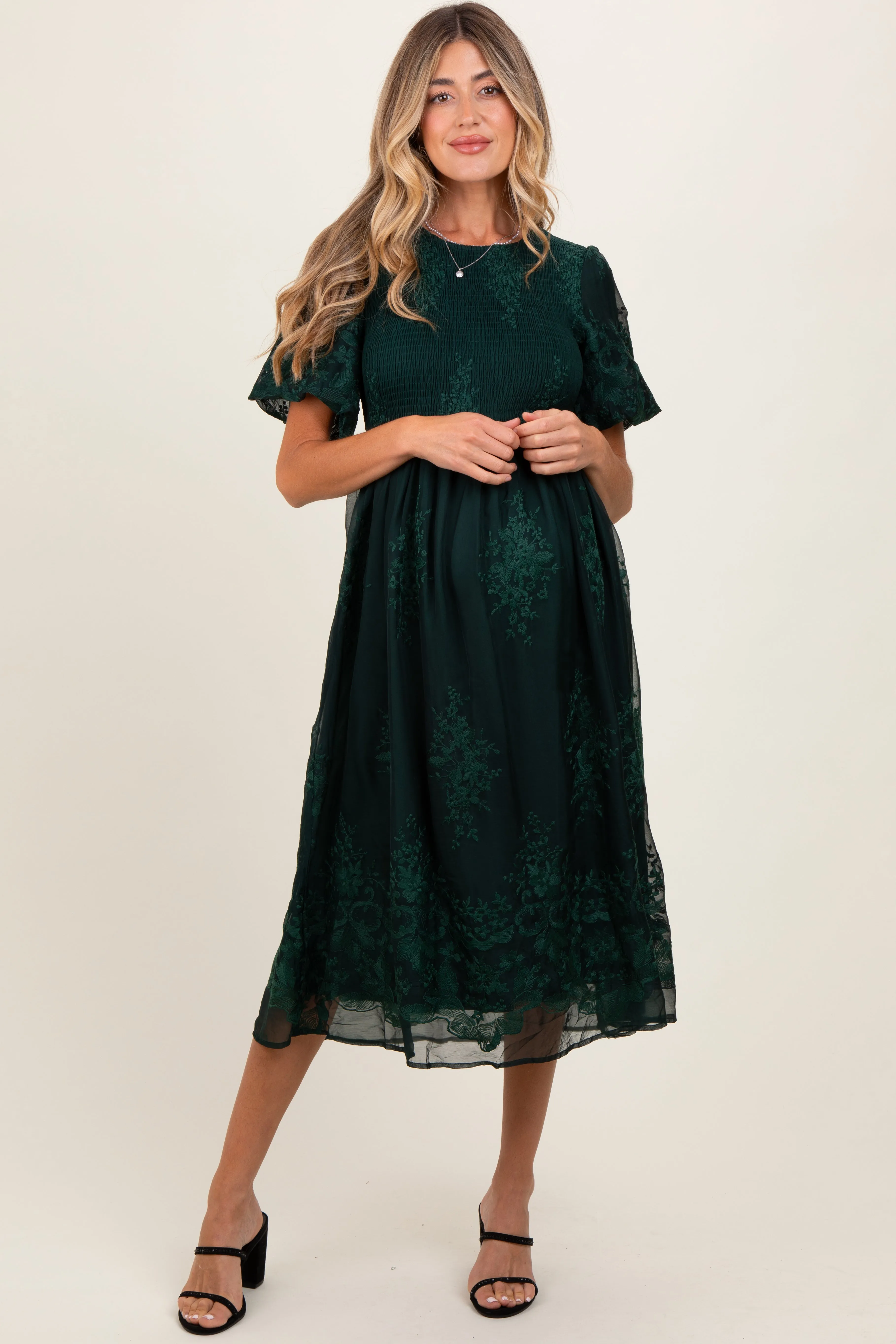 Forest Green Floral Lace Smocked Maternity Midi Dress sold by Pinkblush
