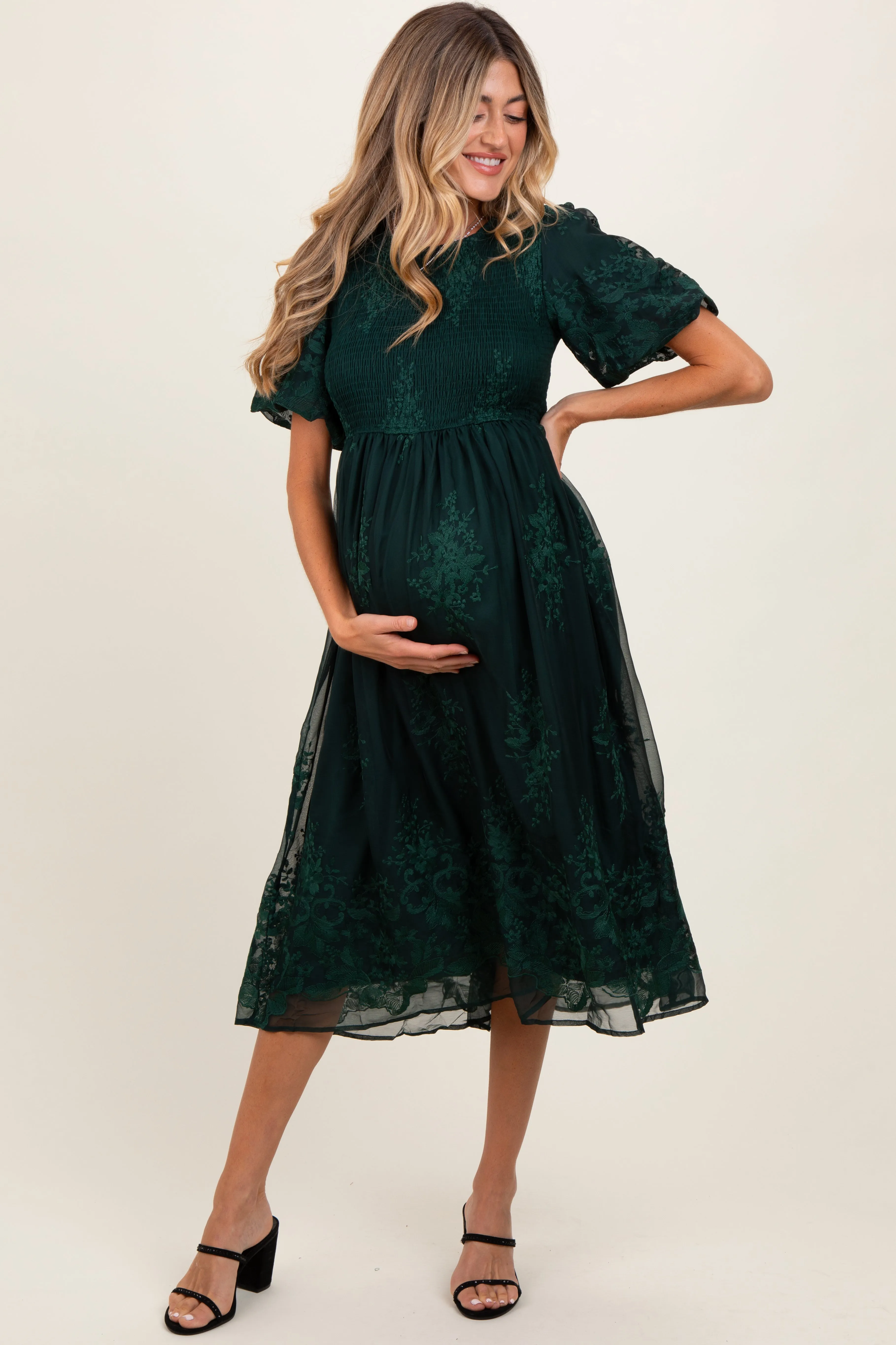 Forest Green Floral Lace Smocked Maternity Midi Dress sold by Pinkblush product image thumbnail 2