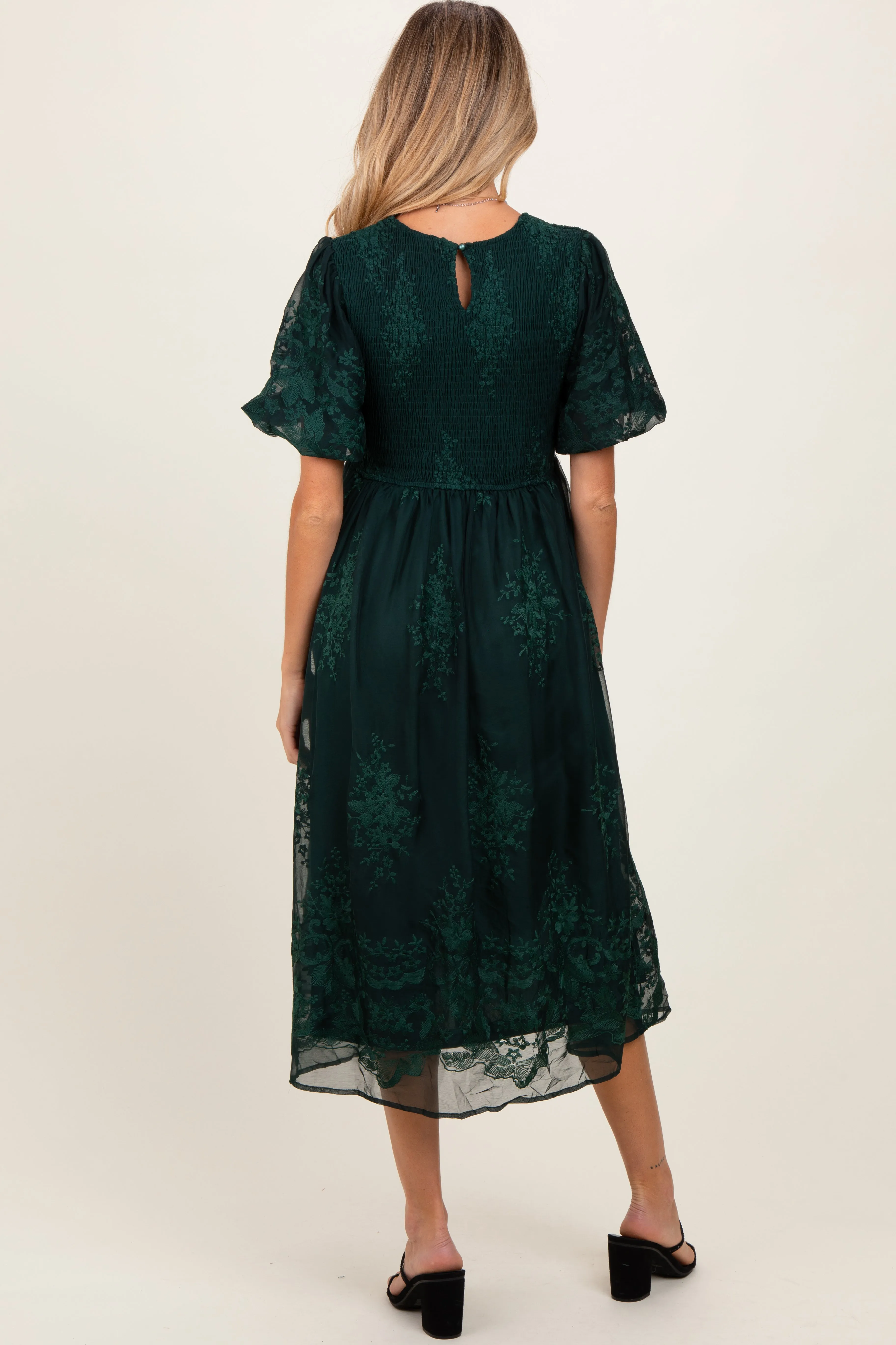 Forest Green Floral Lace Smocked Maternity Midi Dress sold by Pinkblush product image thumbnail 3
