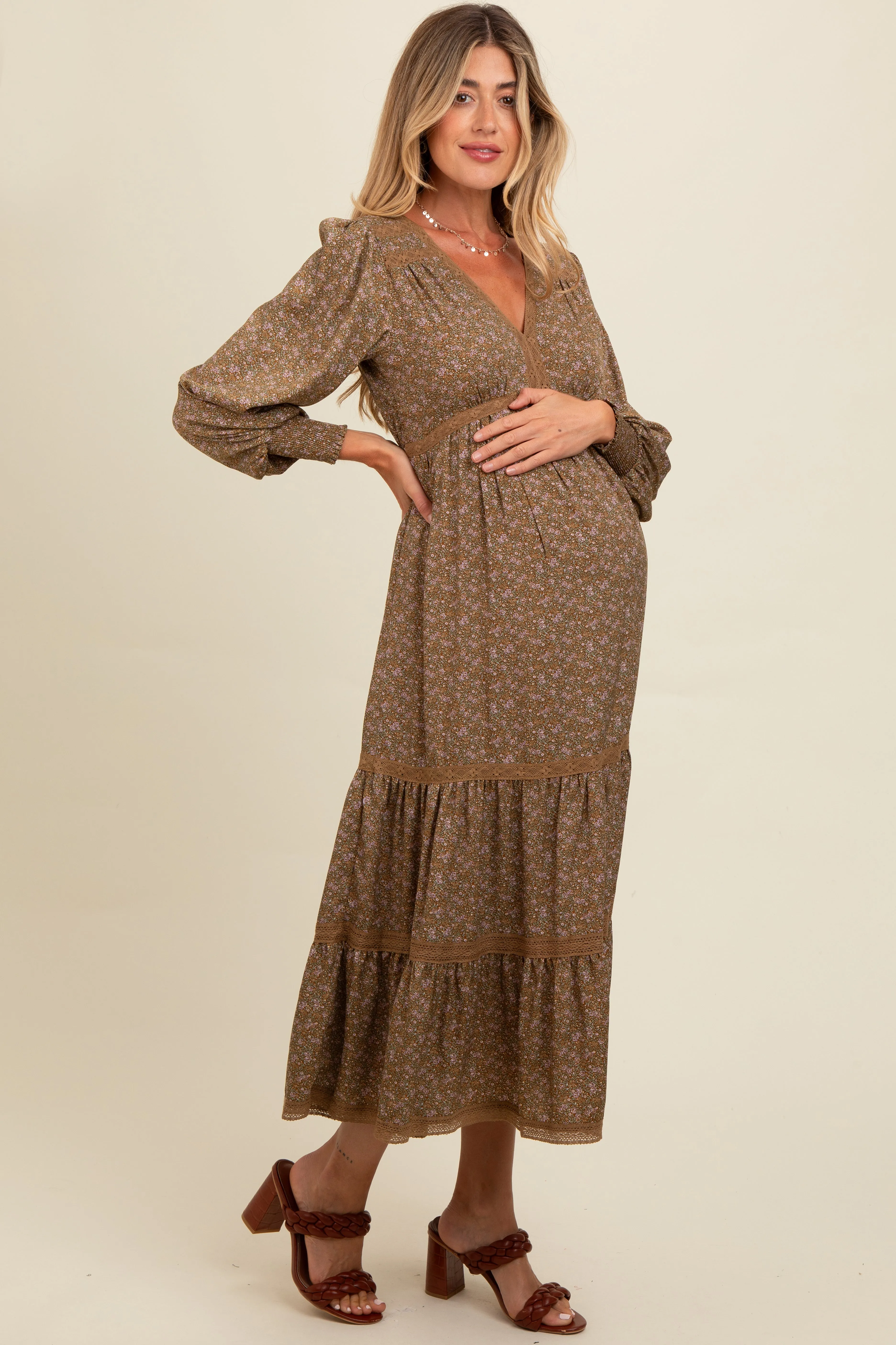 Mocha Floral Lace Trim Bubble Sleeve Maternity Maxi Dress sold by Pinkblush product image thumbnail 3