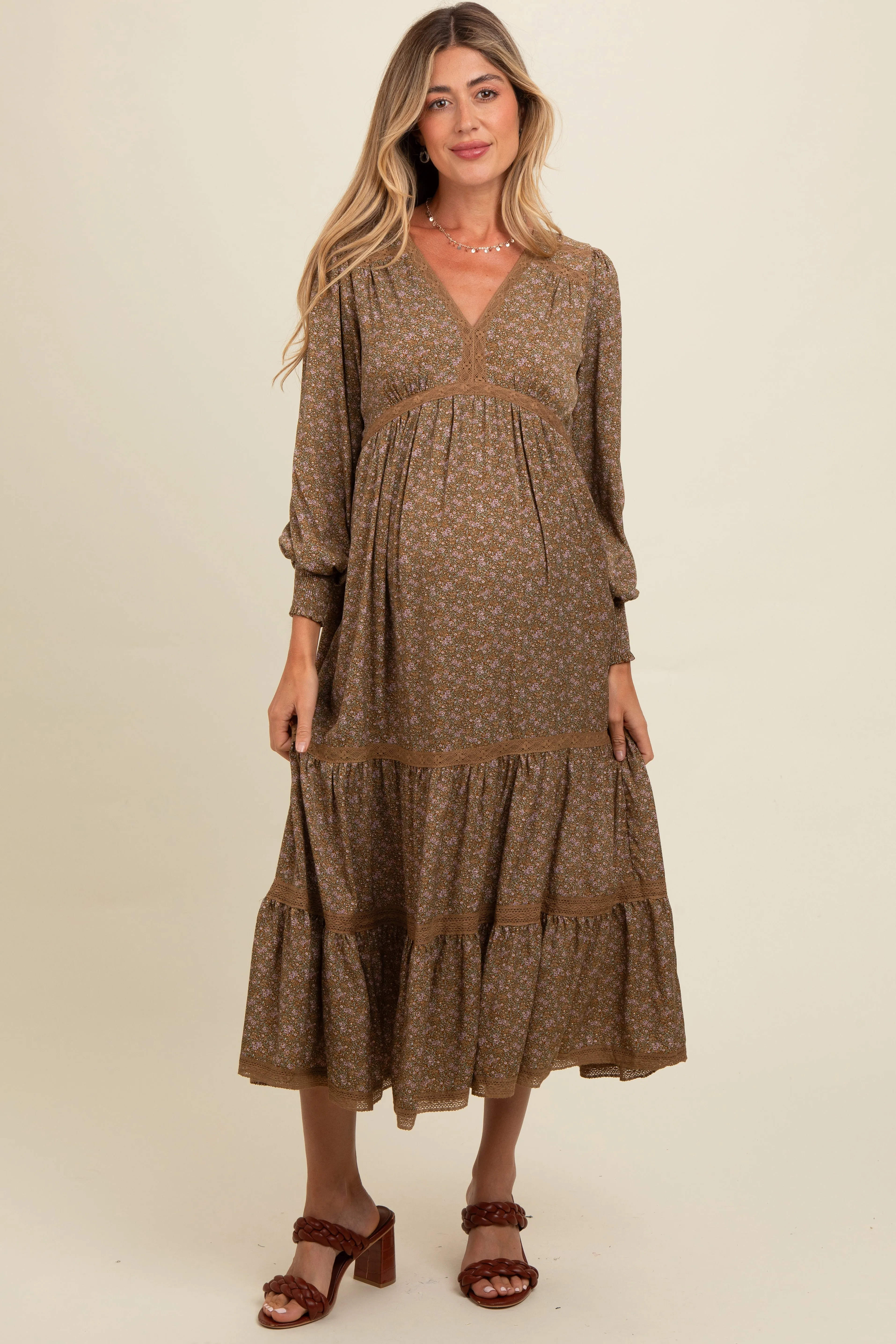 Mocha Floral Lace Trim Bubble Sleeve Maternity Maxi Dress sold by Pinkblush