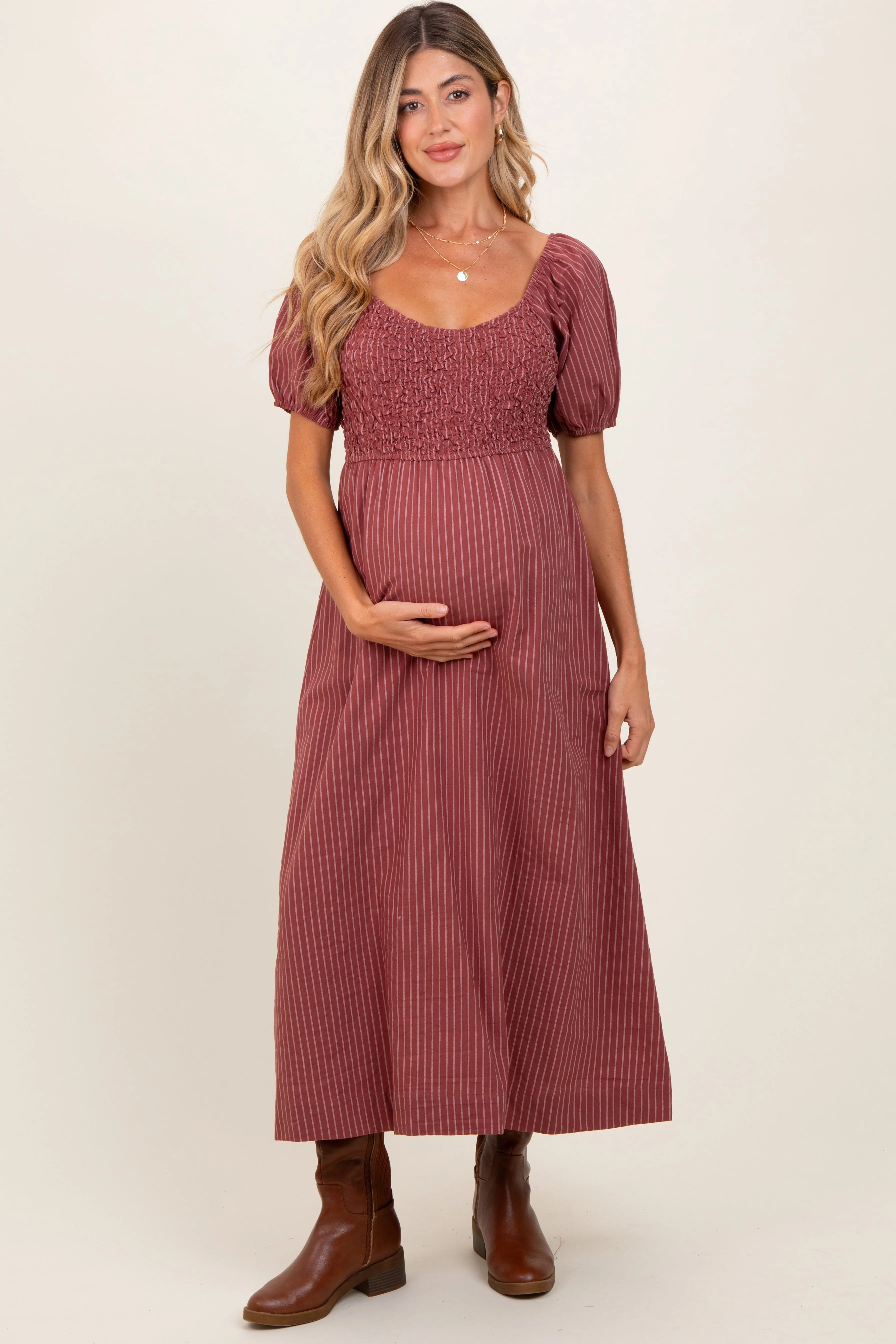 Mauve Striped Popcorn Smocked Maternity Midi Dress sold by Pinkblush product image thumbnail 2