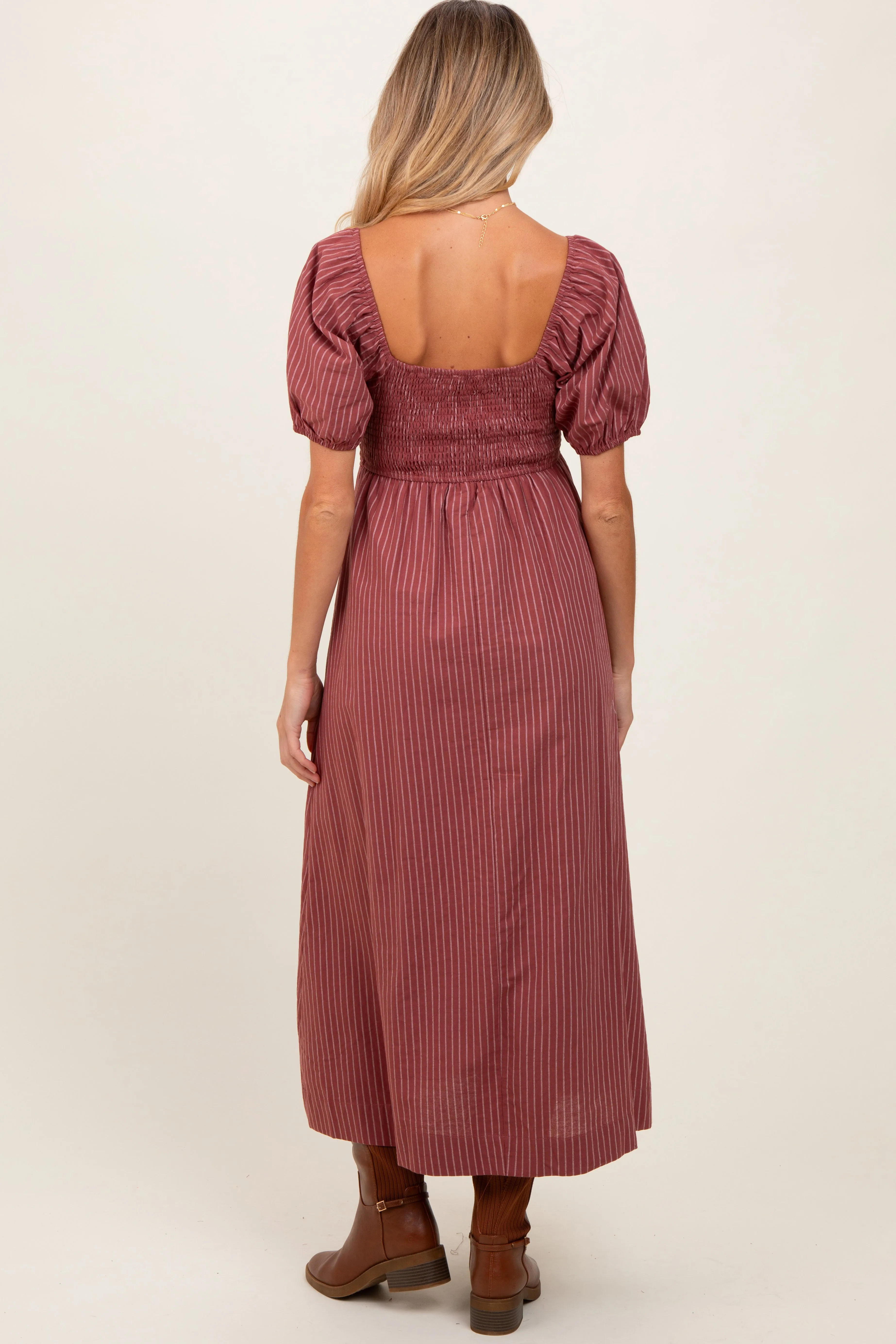 Mauve Striped Popcorn Smocked Maternity Midi Dress sold by Pinkblush product image thumbnail 4