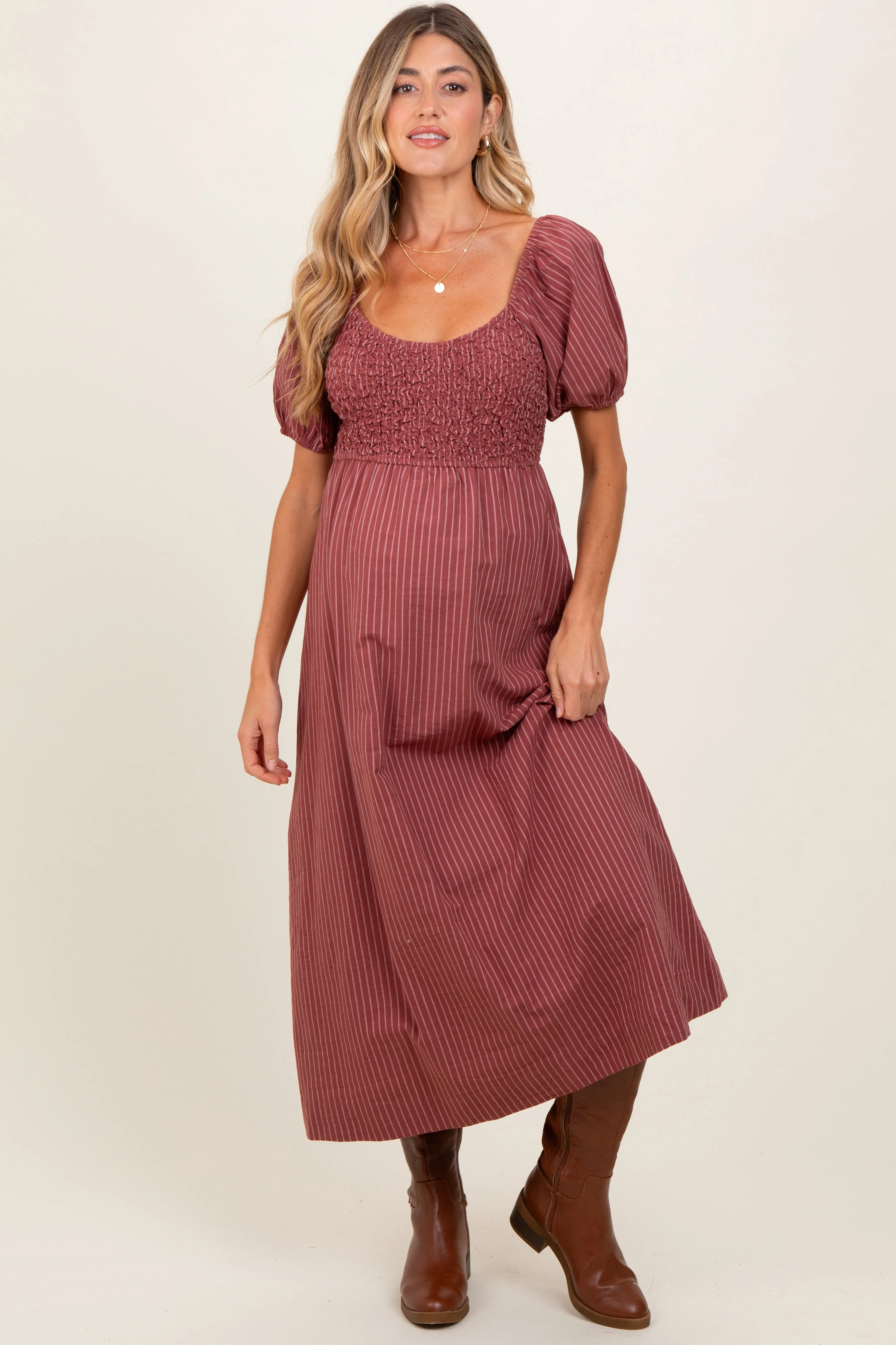 Mauve Striped Popcorn Smocked Maternity Midi Dress sold by Pinkblush