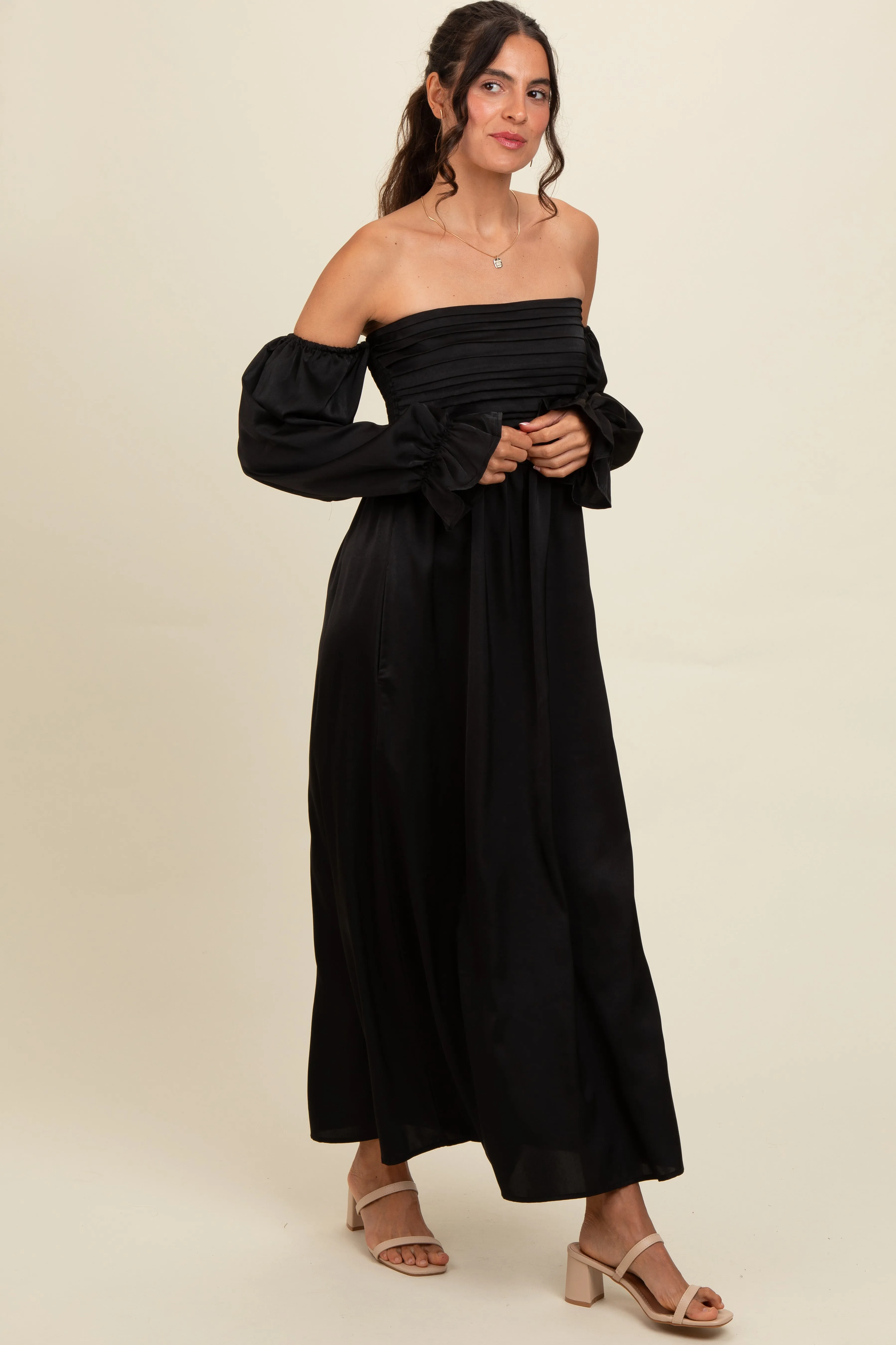 Black Off Shoulder Satin Pleated Bodice Maxi Dress sold by Pinkblush product image thumbnail 2