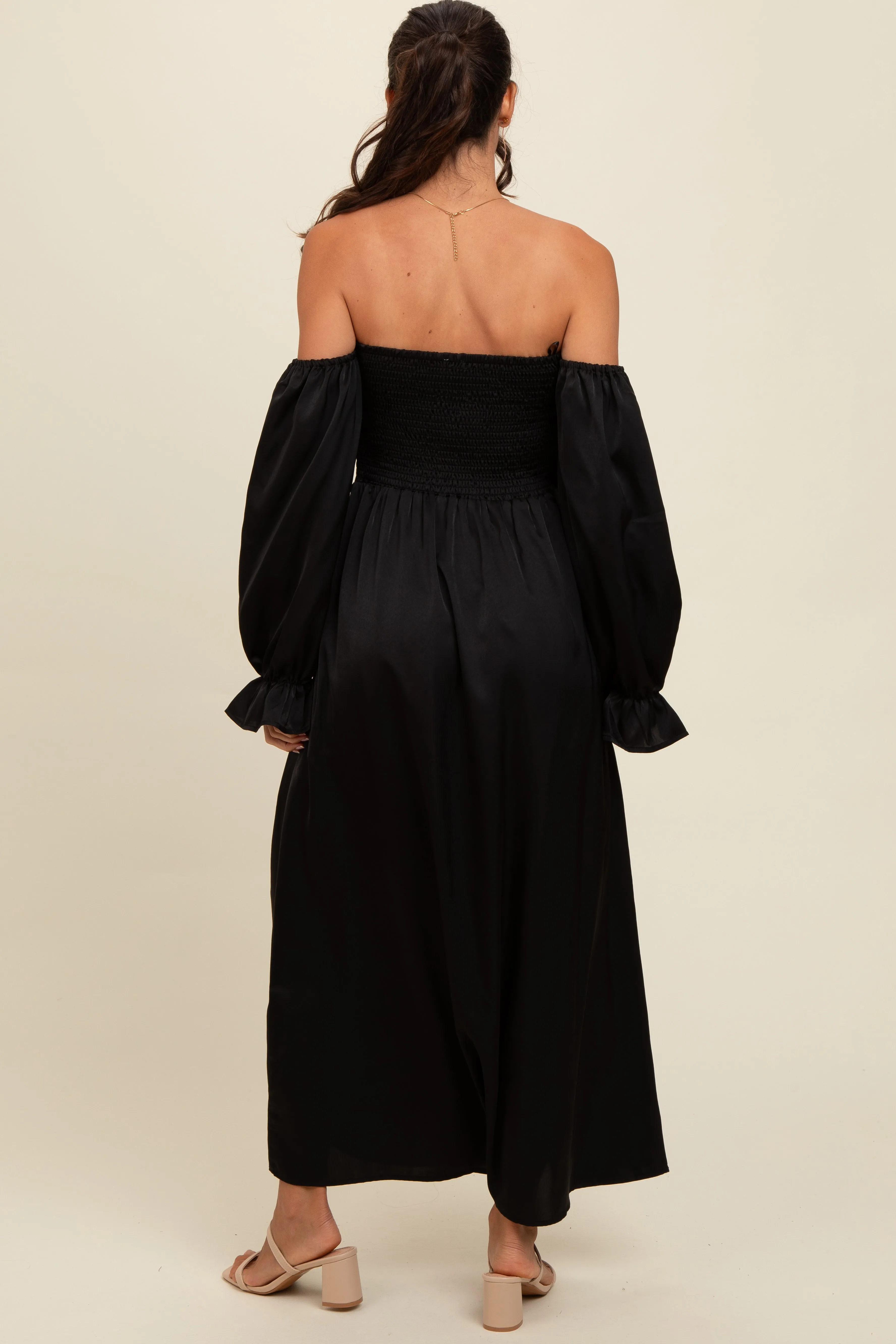 Black Off Shoulder Satin Pleated Bodice Maxi Dress sold by Pinkblush product image thumbnail 3