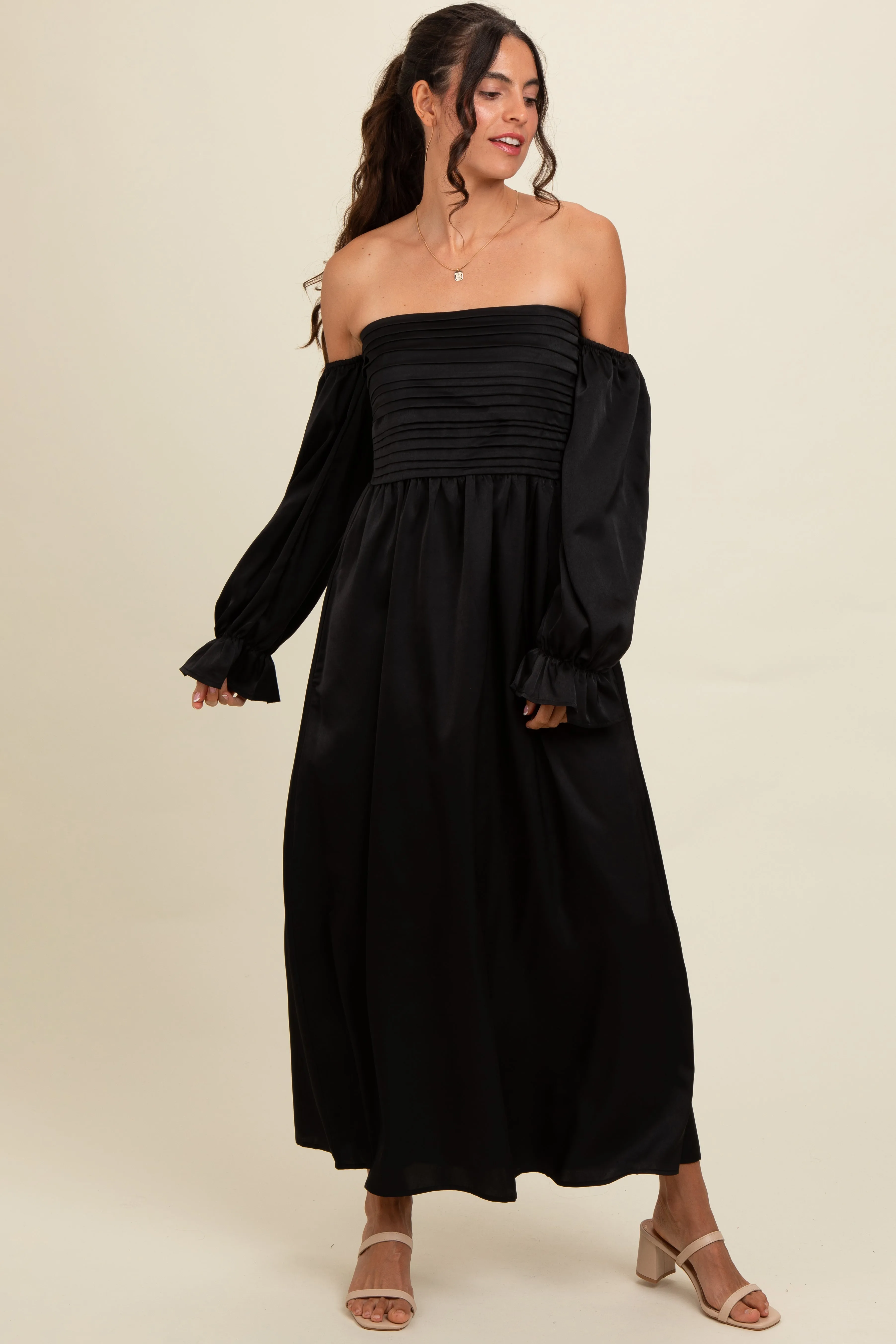 Black Off Shoulder Satin Pleated Bodice Maxi Dress sold by Pinkblush