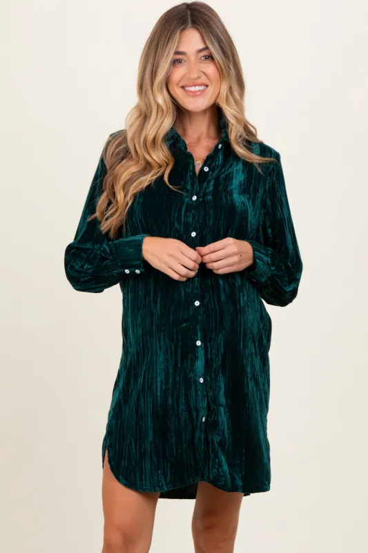 Forest Green Crinkled Velvet Button Down Maternity Shirt Dress sold by Pinkblush