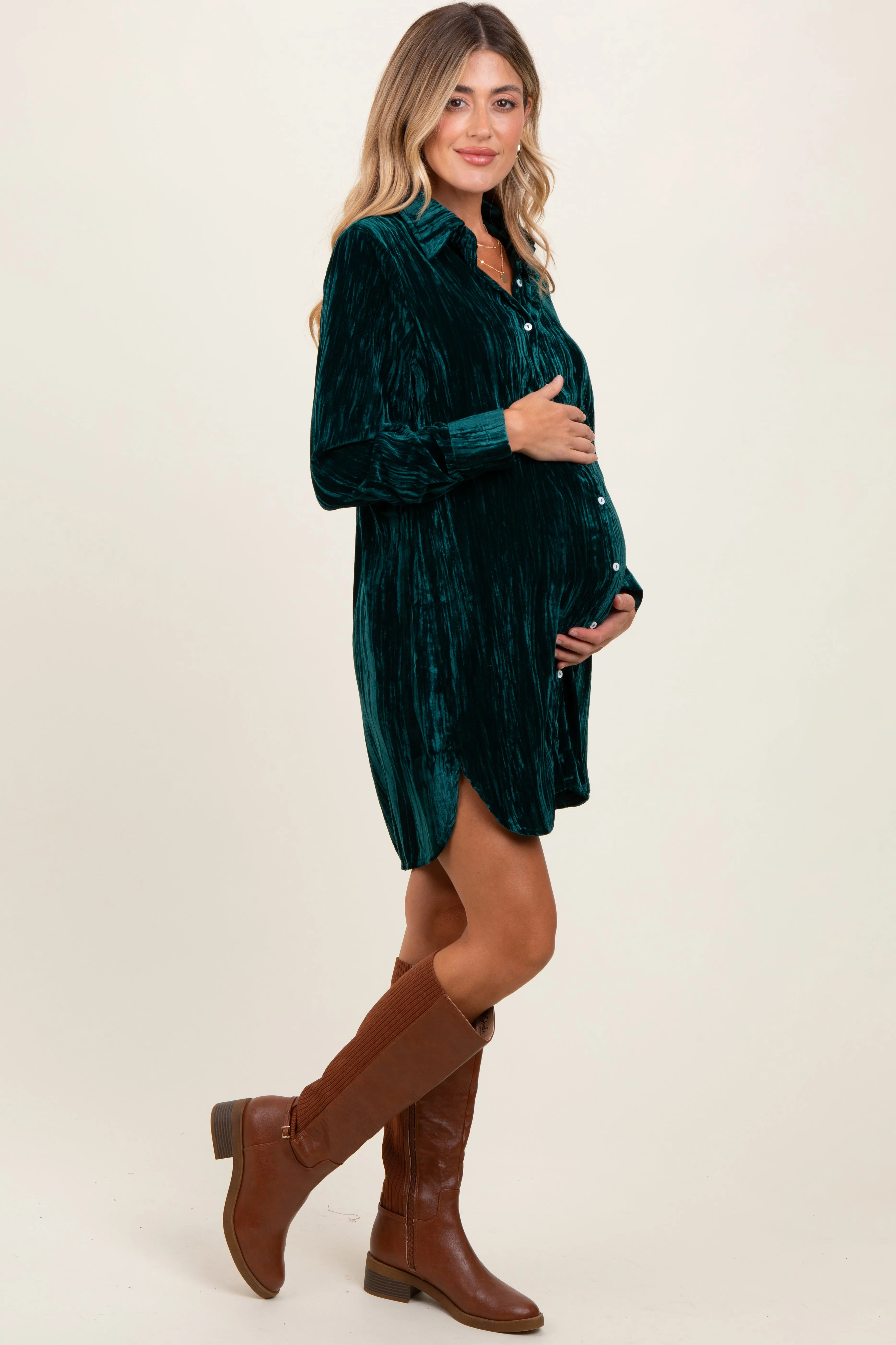Forest Green Crinkled Velvet Button Down Maternity Shirt Dress sold by Pinkblush product image thumbnail 3