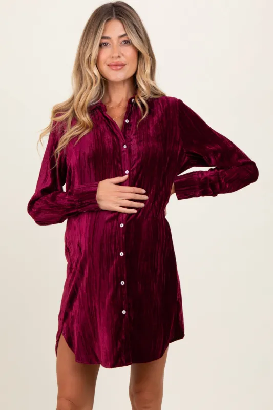 Burgundy Crinkled Velvet Button Down Maternity Shirt Dress sold by Pinkblush