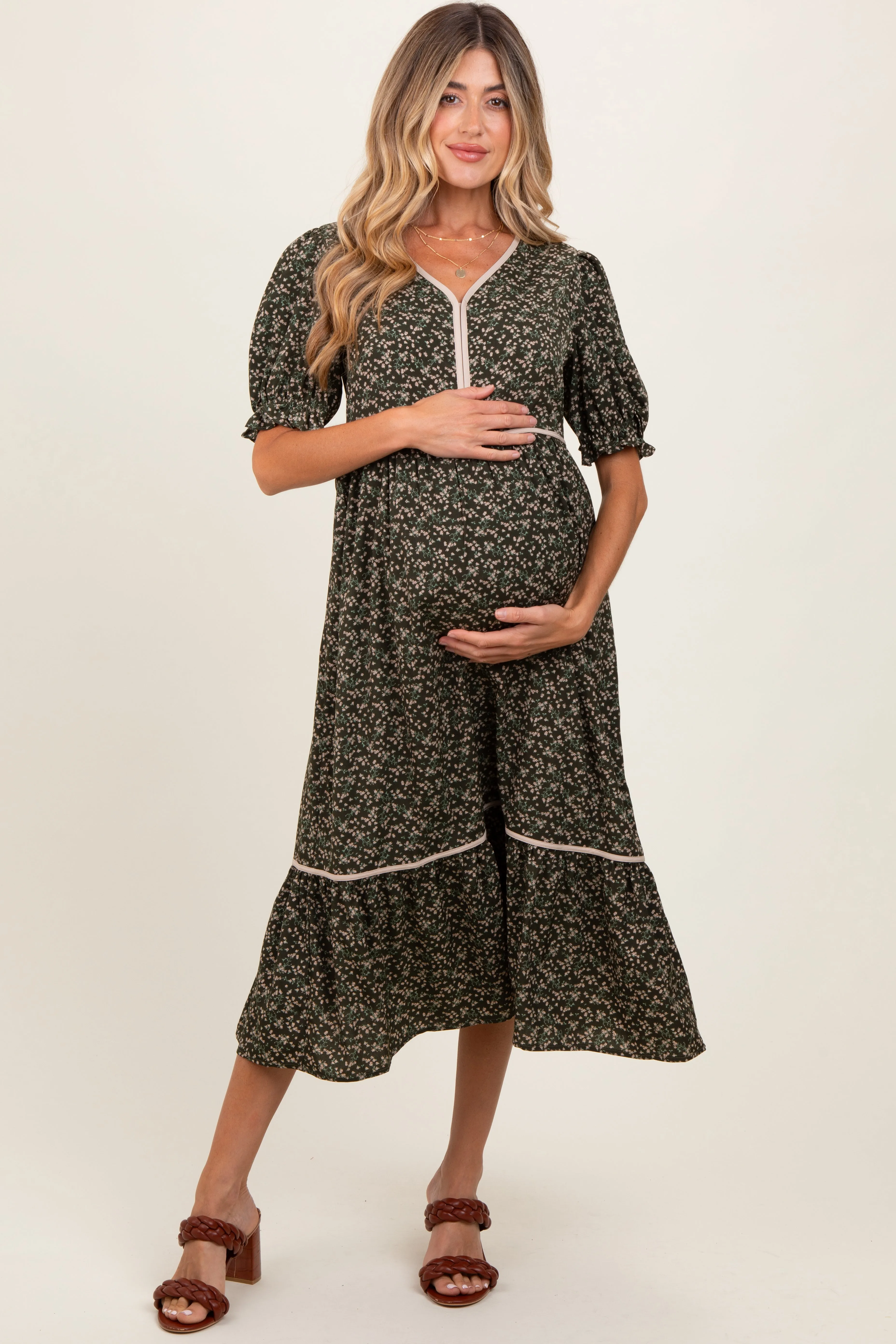 Olive Floral Puff Sleeve Ruffle Hem Maternity Midi Dress sold by Pinkblush