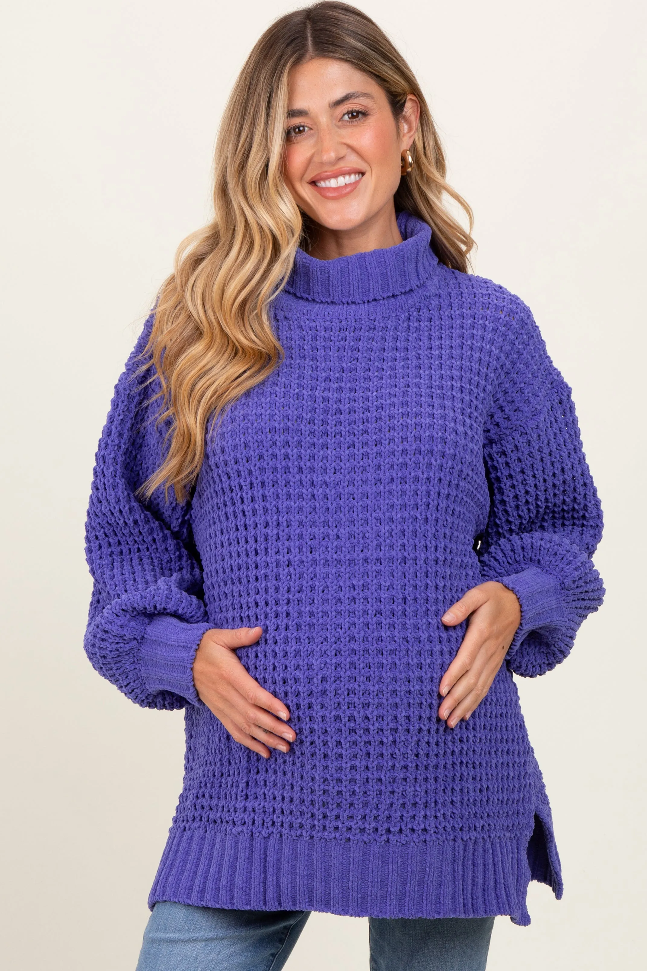 Periwinkle Chunky Waffle Knit Maternity Turtleneck Sweater sold by Pinkblush product image thumbnail 2