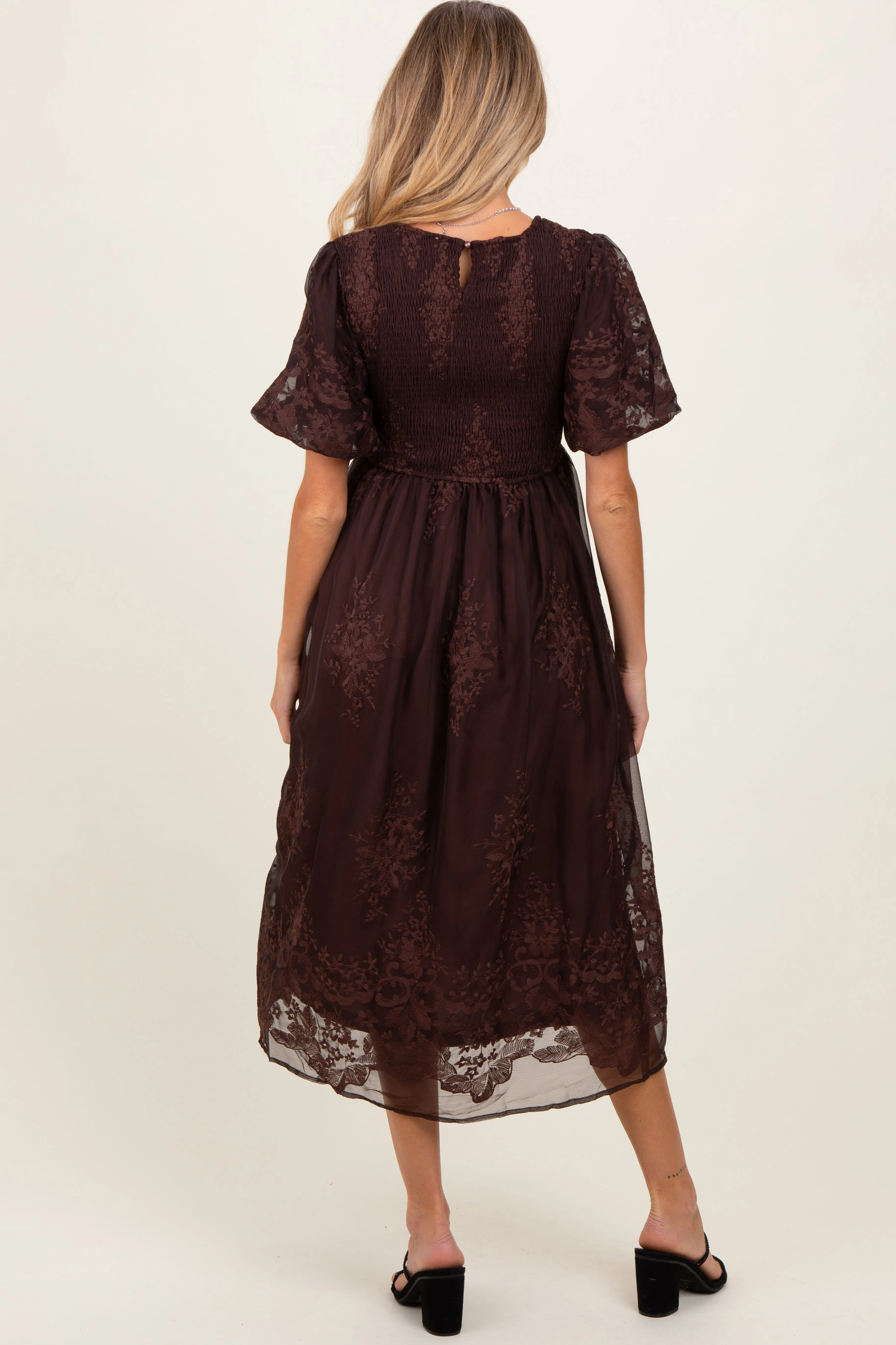 Brown Floral Embroidered Mesh Overlay Smocked Maternity Midi Dress sold by Pinkblush product image thumbnail 3