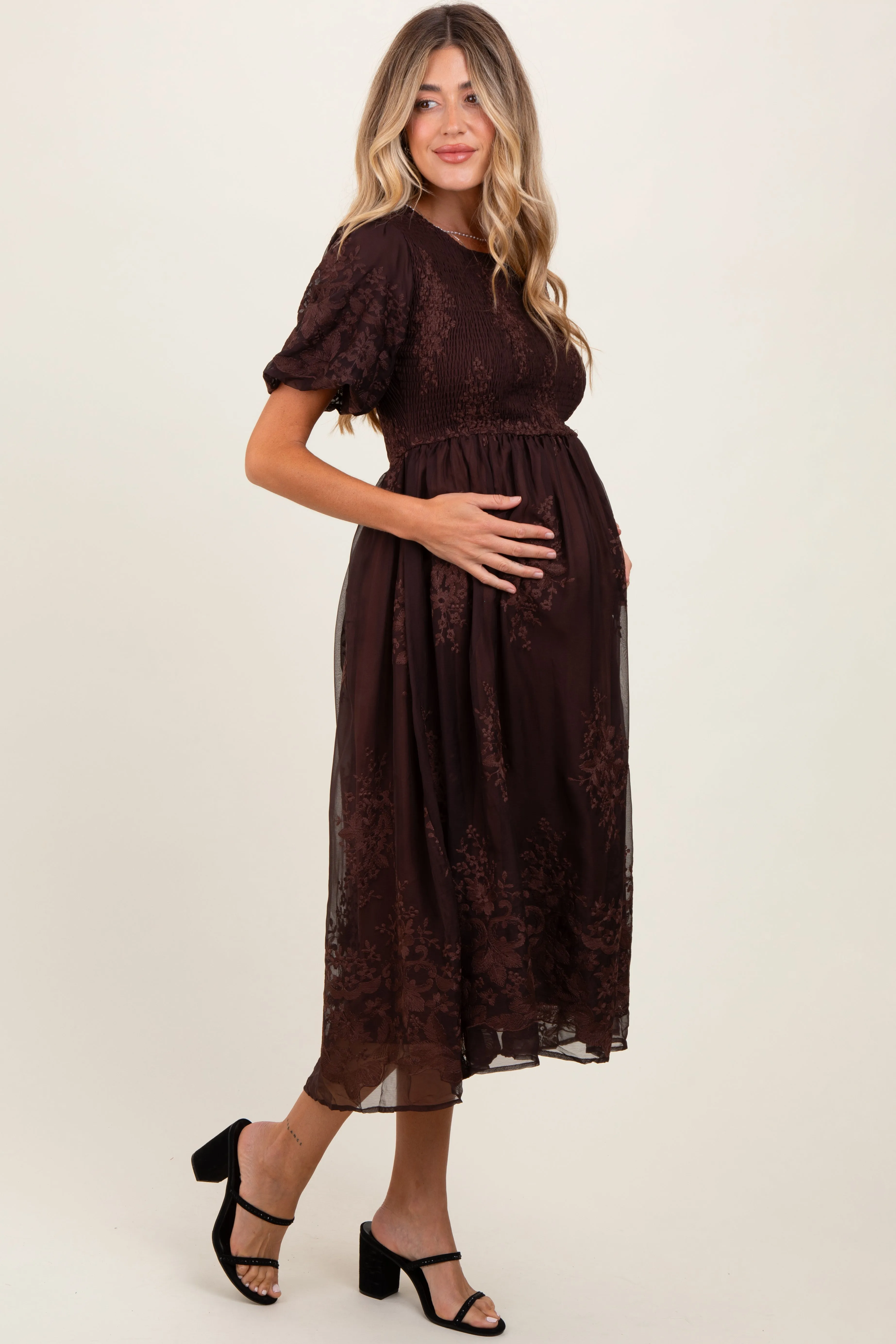 Brown Floral Embroidered Mesh Overlay Smocked Maternity Midi Dress sold by Pinkblush product image thumbnail 2