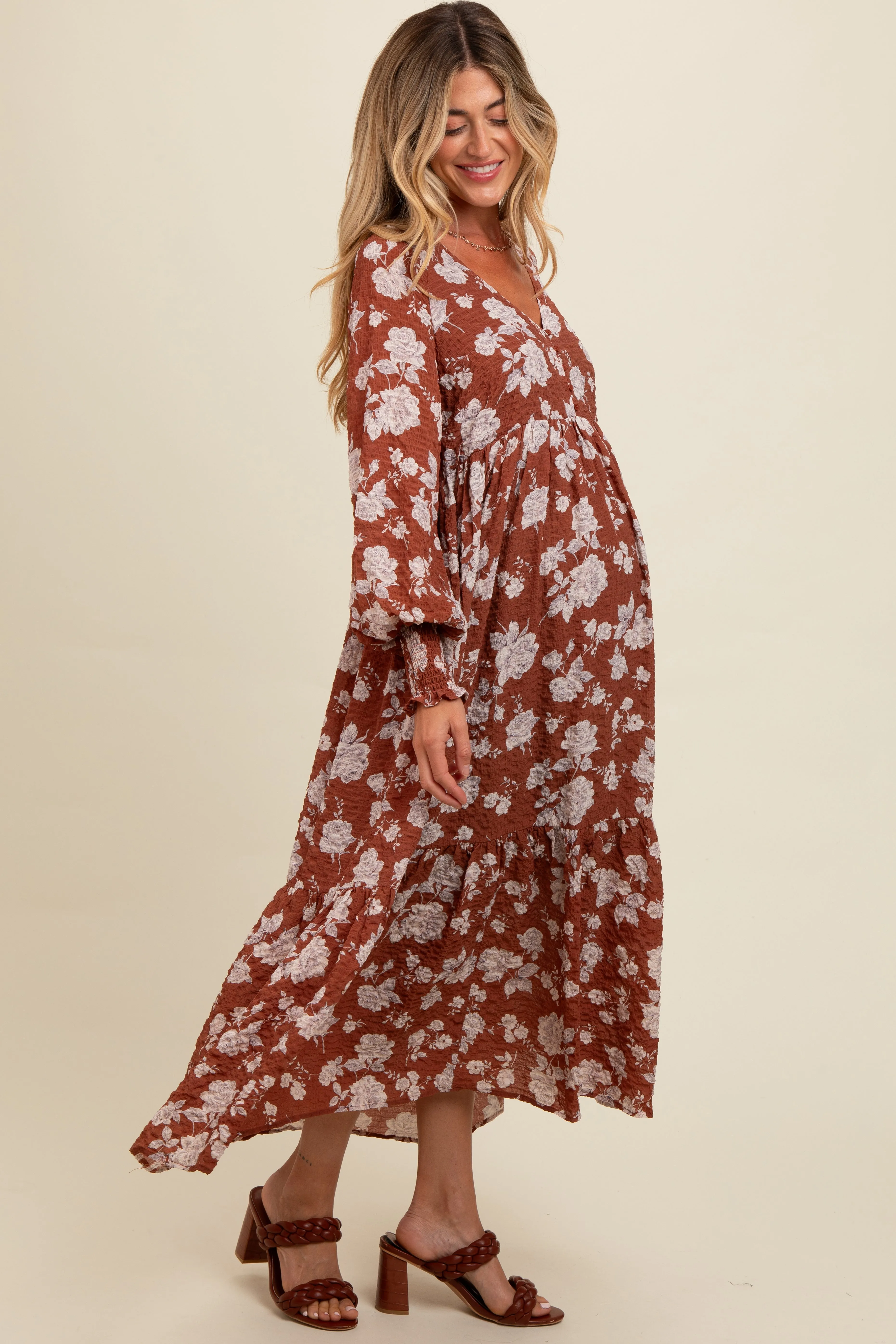 Rust Floral Textured Bubble Sleeve Maternity Maxi Dress sold by Pinkblush product image thumbnail 3