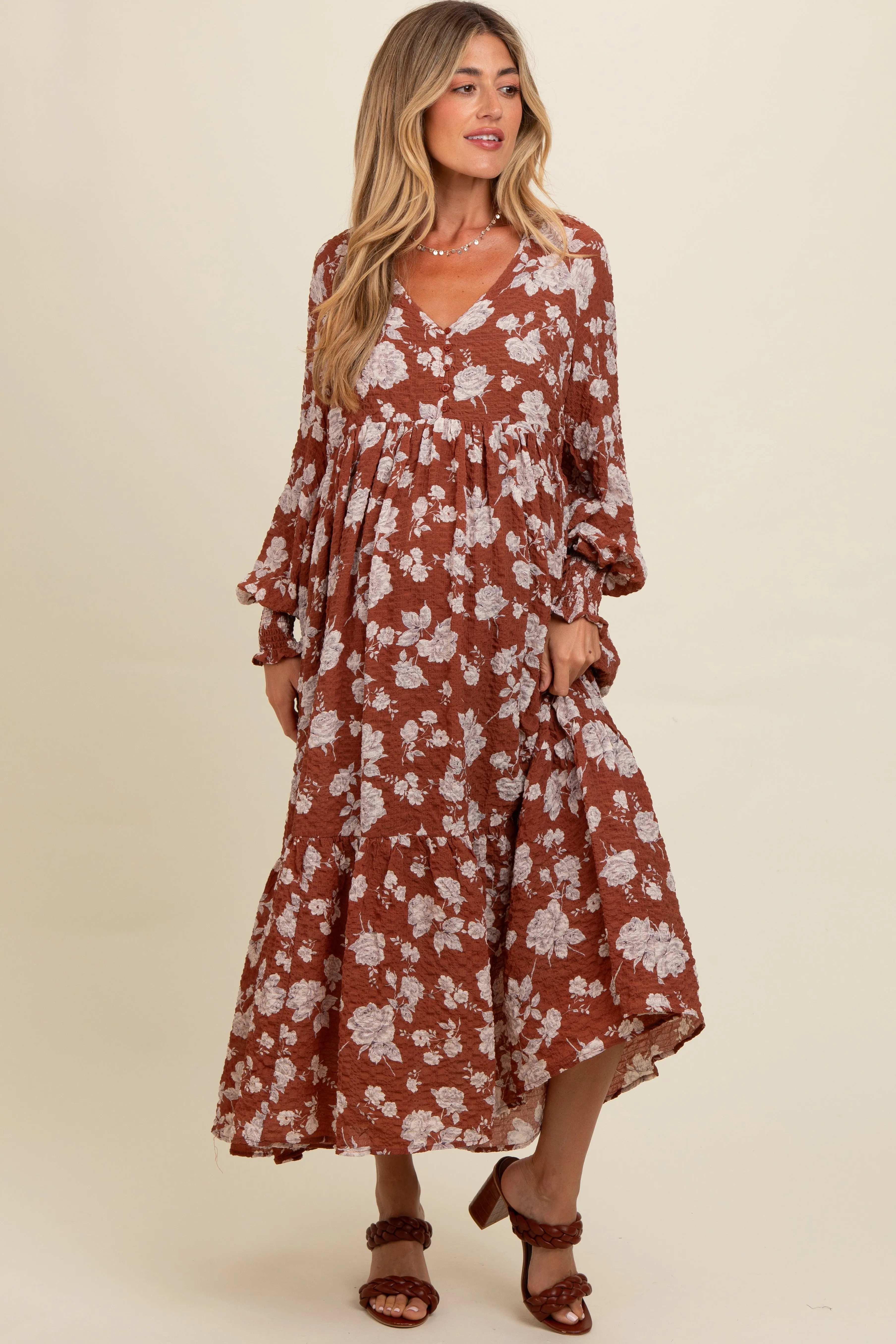 Rust Floral Textured Bubble Sleeve Maternity Maxi Dress sold by Pinkblush