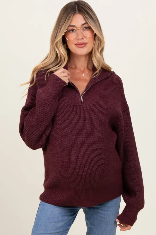 Burgundy Half Zip Chunky Knit Maternity Pullover Sweater sold by Pinkblush