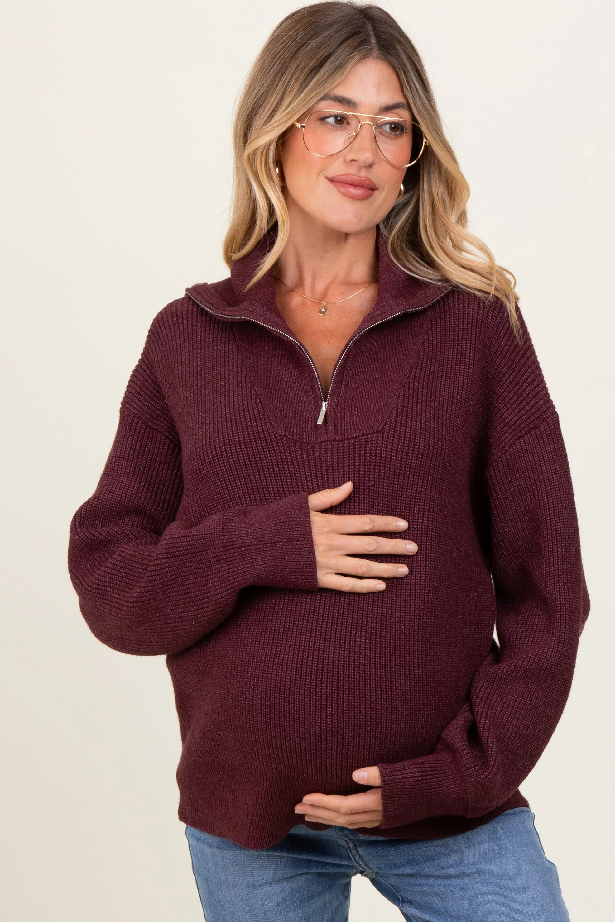 Burgundy Half Zip Chunky Knit Maternity Pullover Sweater sold by Pinkblush product image thumbnail 2