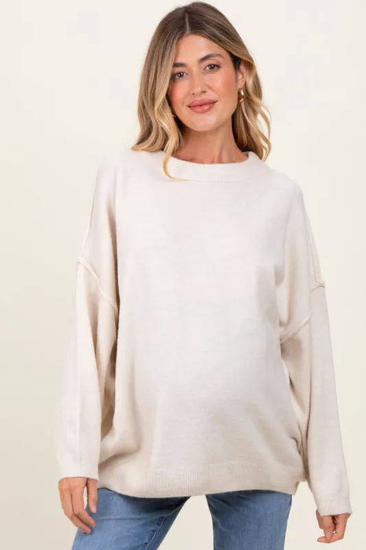 Cream Oversized Crewneck Melange Knit Maternity Sweater sold by Pinkblush