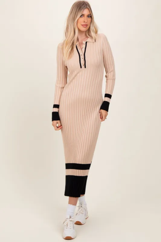 Beige Contrast Trim Knit Polo Midi Dress sold by Pinkblush