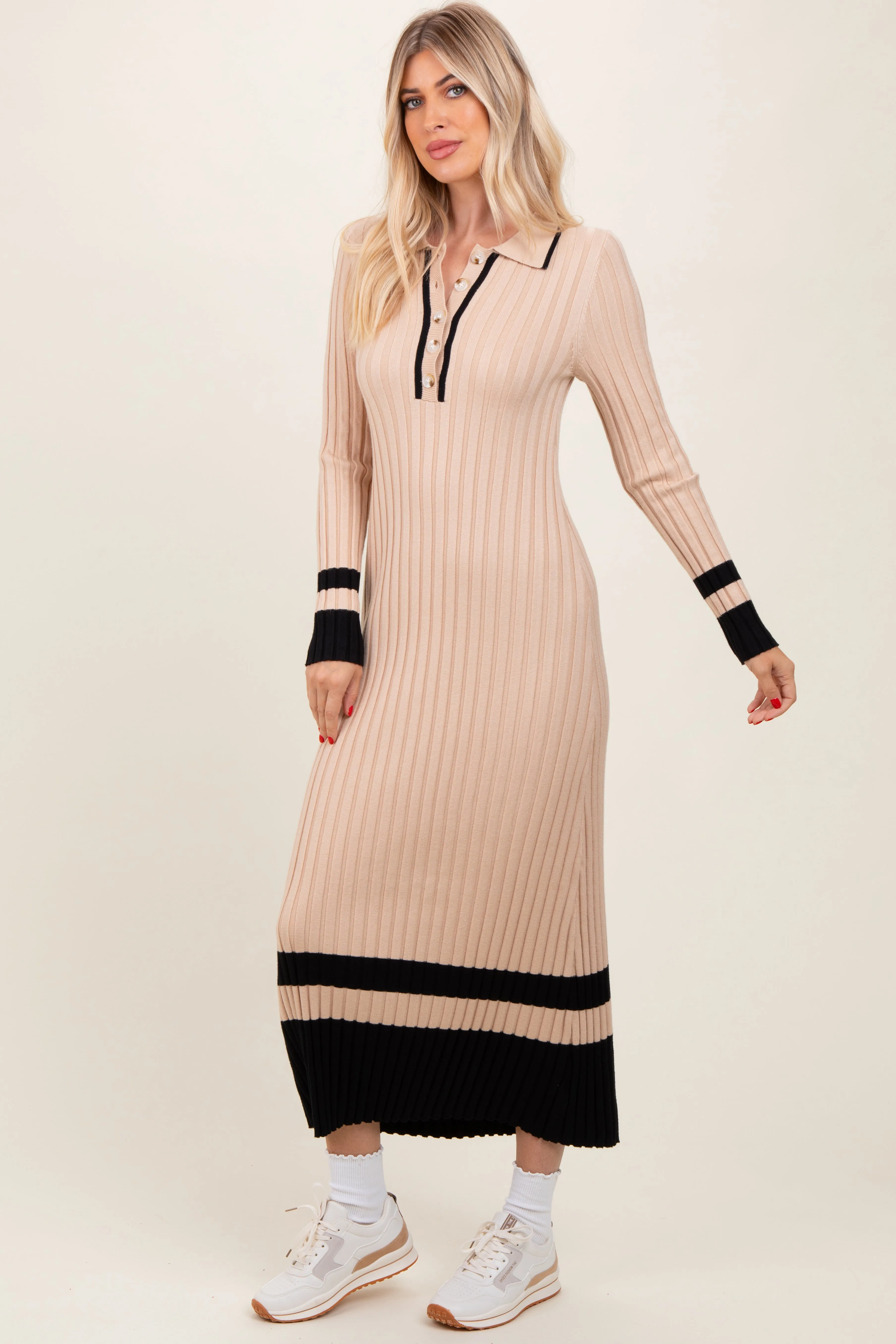 Beige Contrast Trim Knit Polo Midi Dress sold by Pinkblush product image thumbnail 2