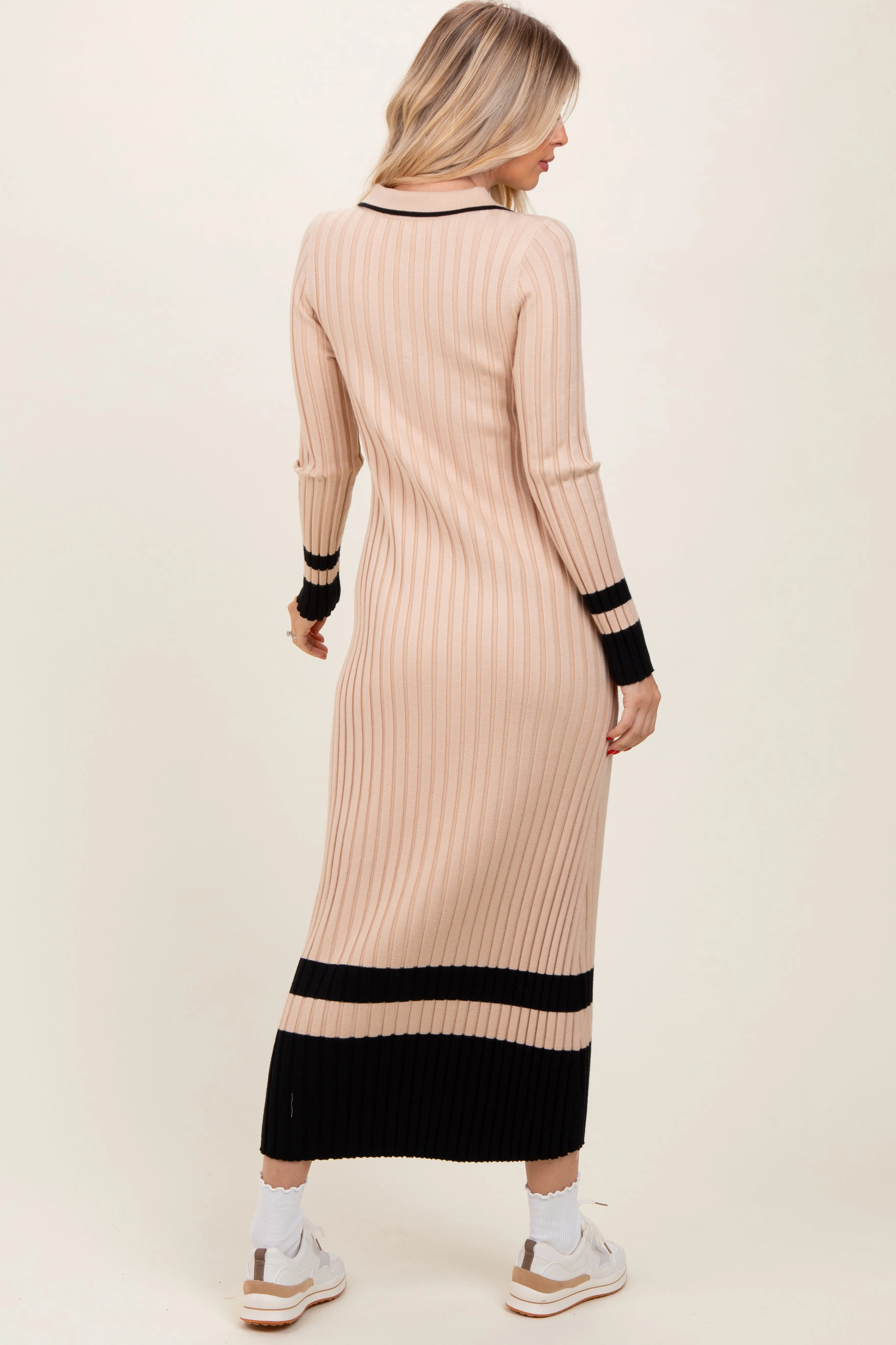 Beige Contrast Trim Knit Polo Midi Dress sold by Pinkblush product image thumbnail 3