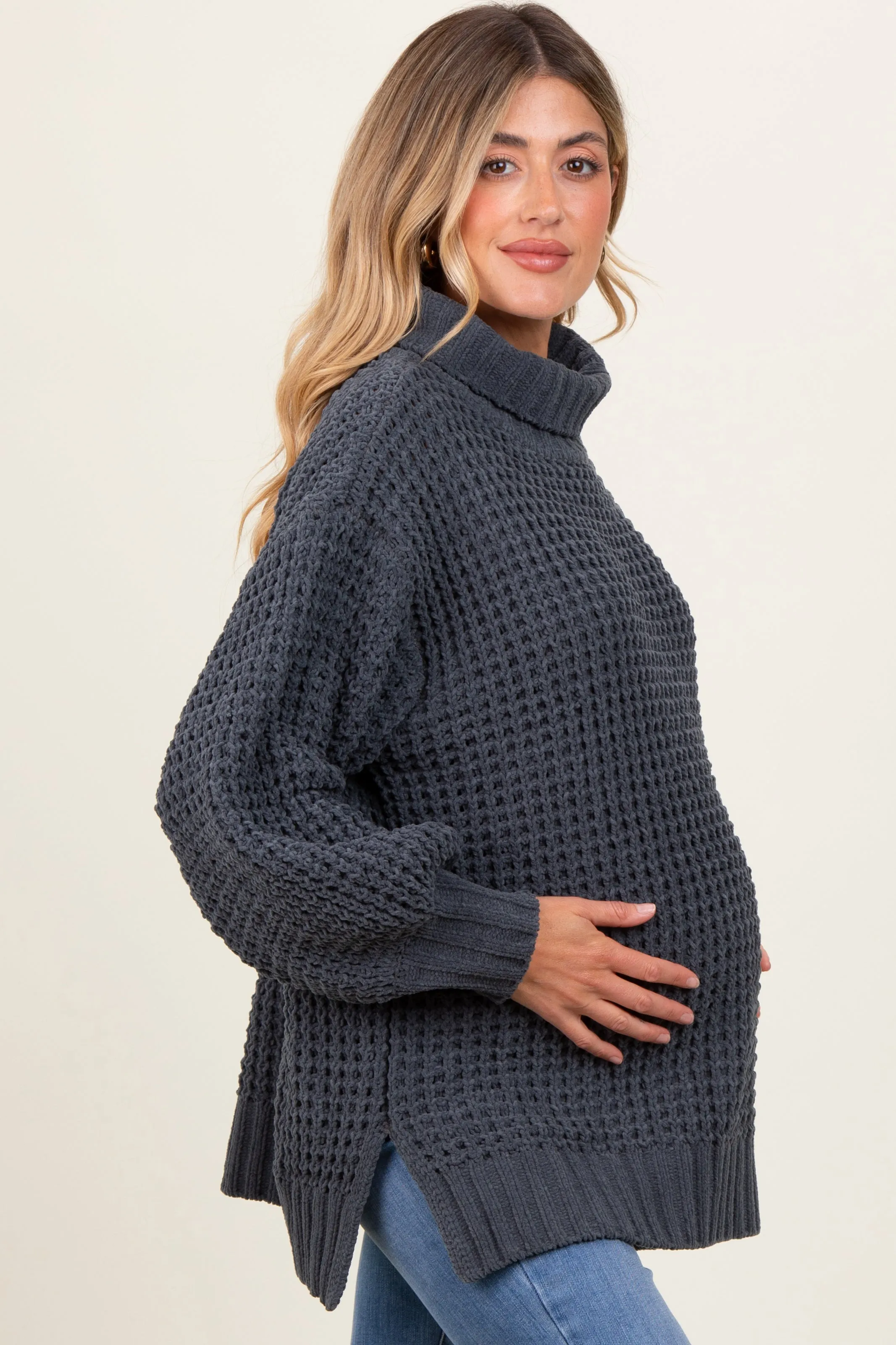 Charcoal Chunky Waffle Knit Maternity Turtleneck Sweater sold by Pinkblush product image thumbnail 2