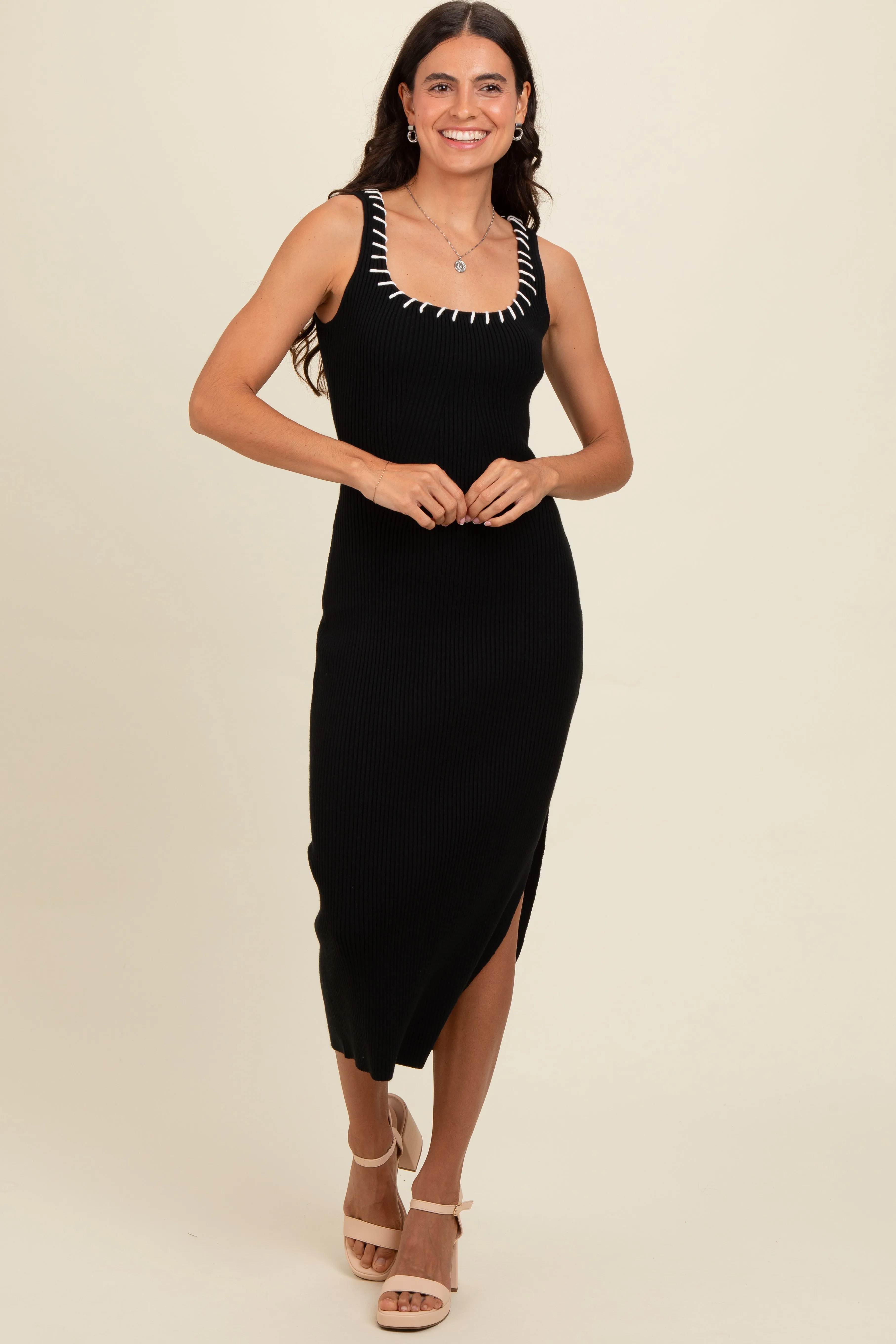 Black Knit Contrast Stitch Detail Midi Dress sold by Pinkblush product image thumbnail 2