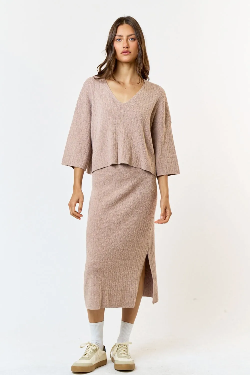 Mocha Textured Knit Top And Midi Skirt Set sold by Pinkblush