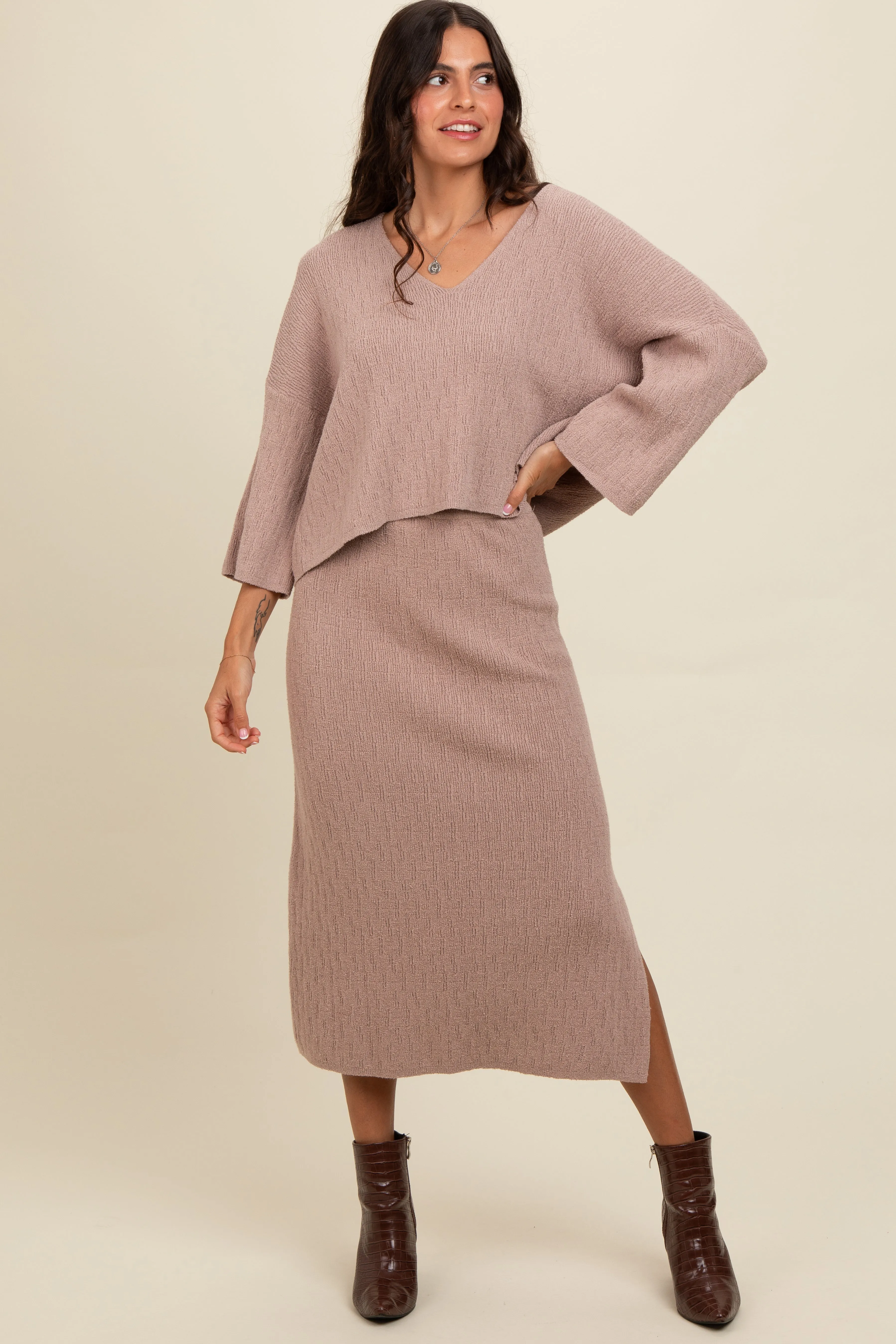 Mocha Textured Knit Top And Midi Skirt Set sold by Pinkblush product image thumbnail 2