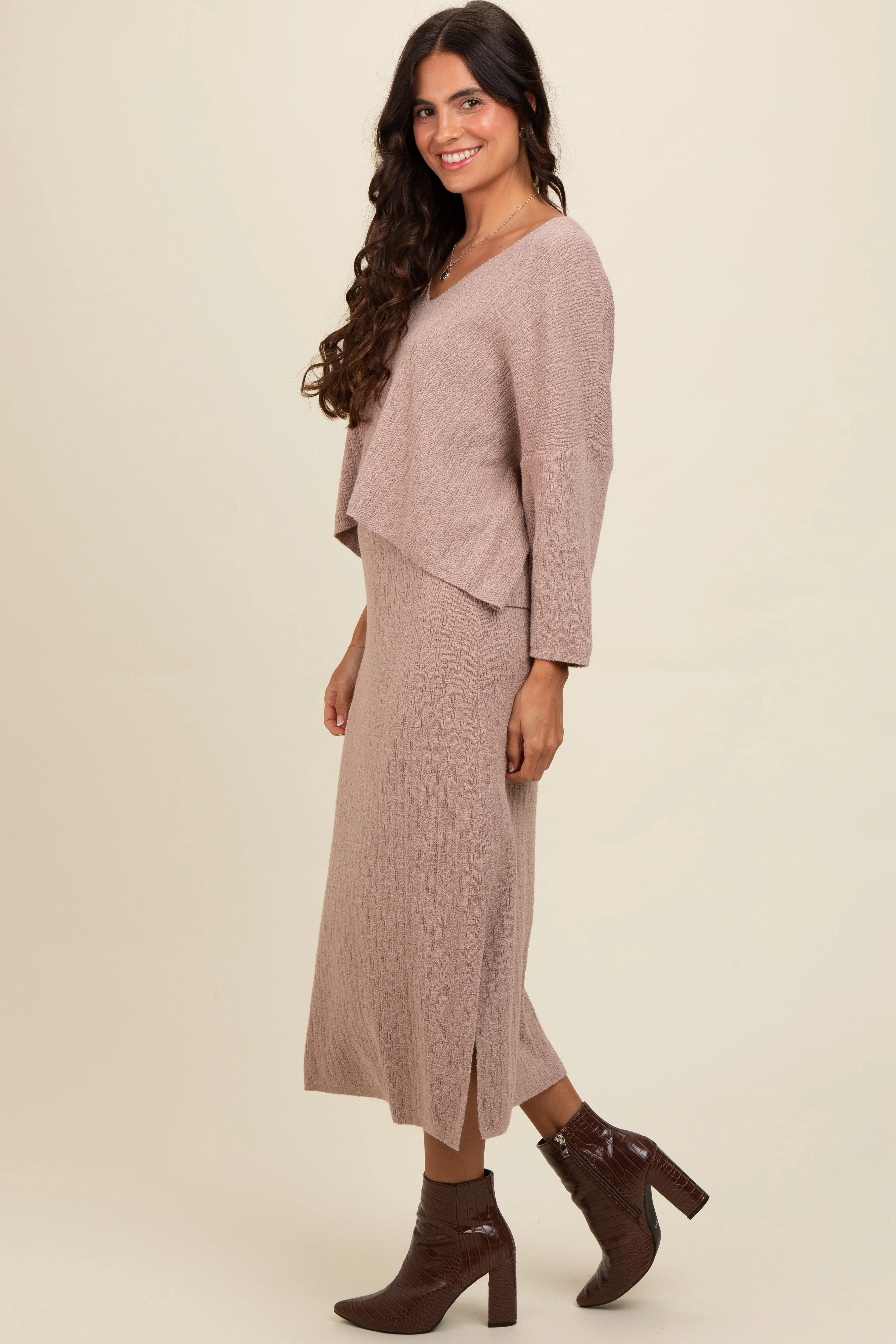 Mocha Textured Knit Top And Midi Skirt Set sold by Pinkblush product image thumbnail 3