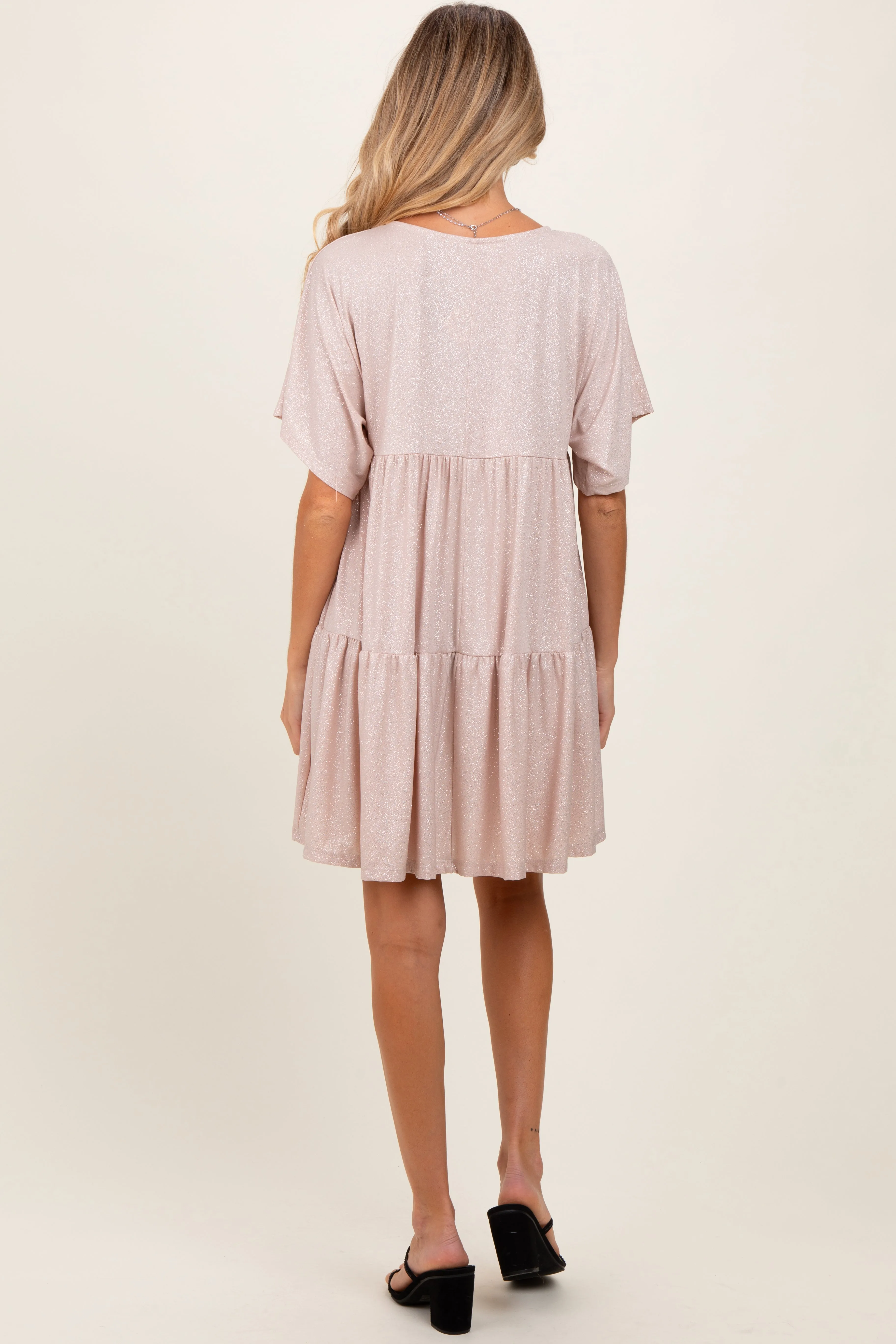 Beige Glitter Flutter Sleeve Tiered Maternity Dress sold by Pinkblush product image thumbnail 3