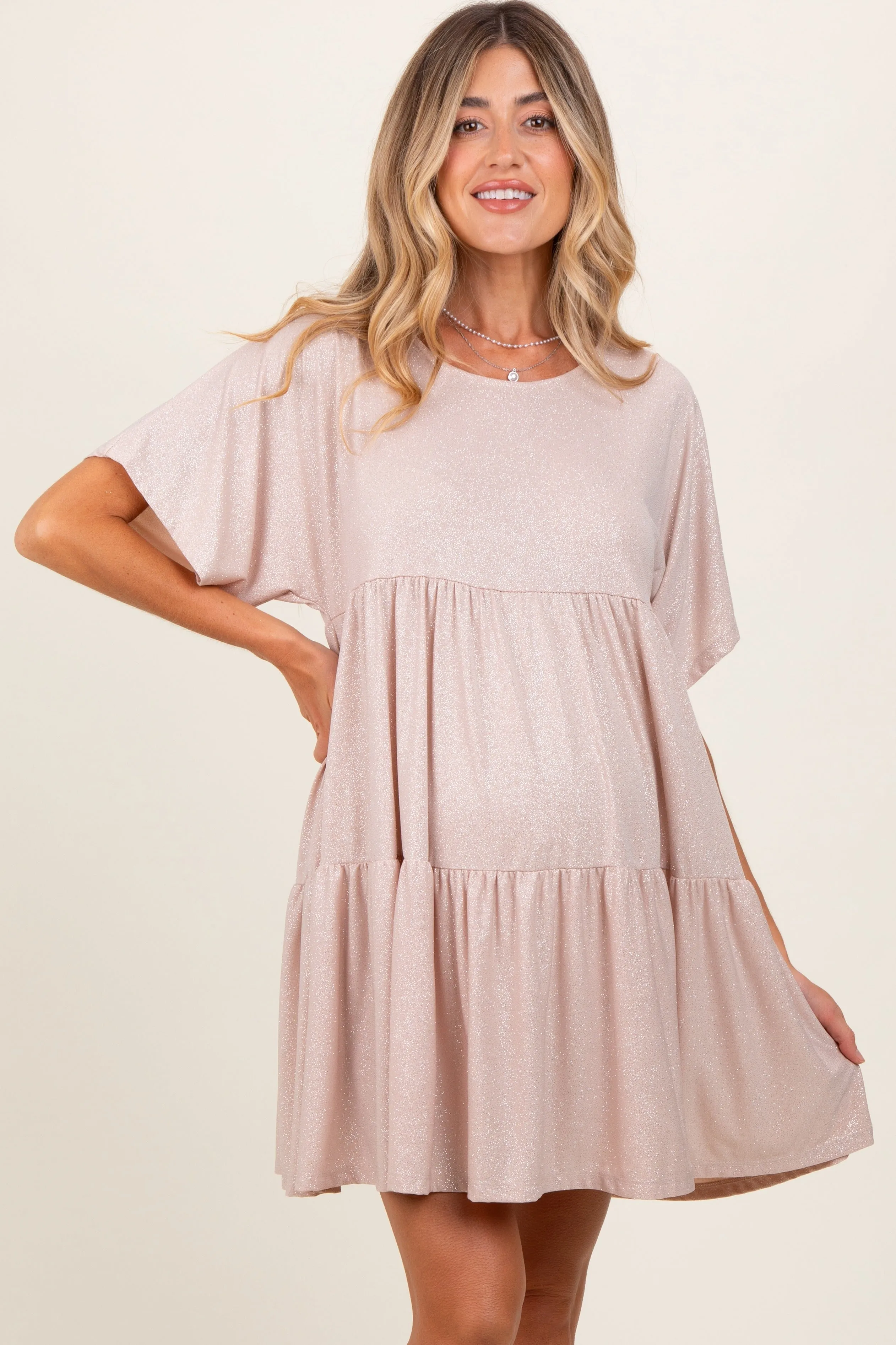 Beige Glitter Flutter Sleeve Tiered Maternity Dress sold by Pinkblush