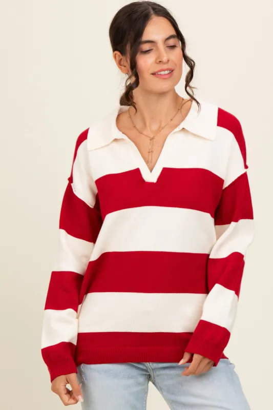 Red Wide Stripe Polo Sweater sold by Pinkblush