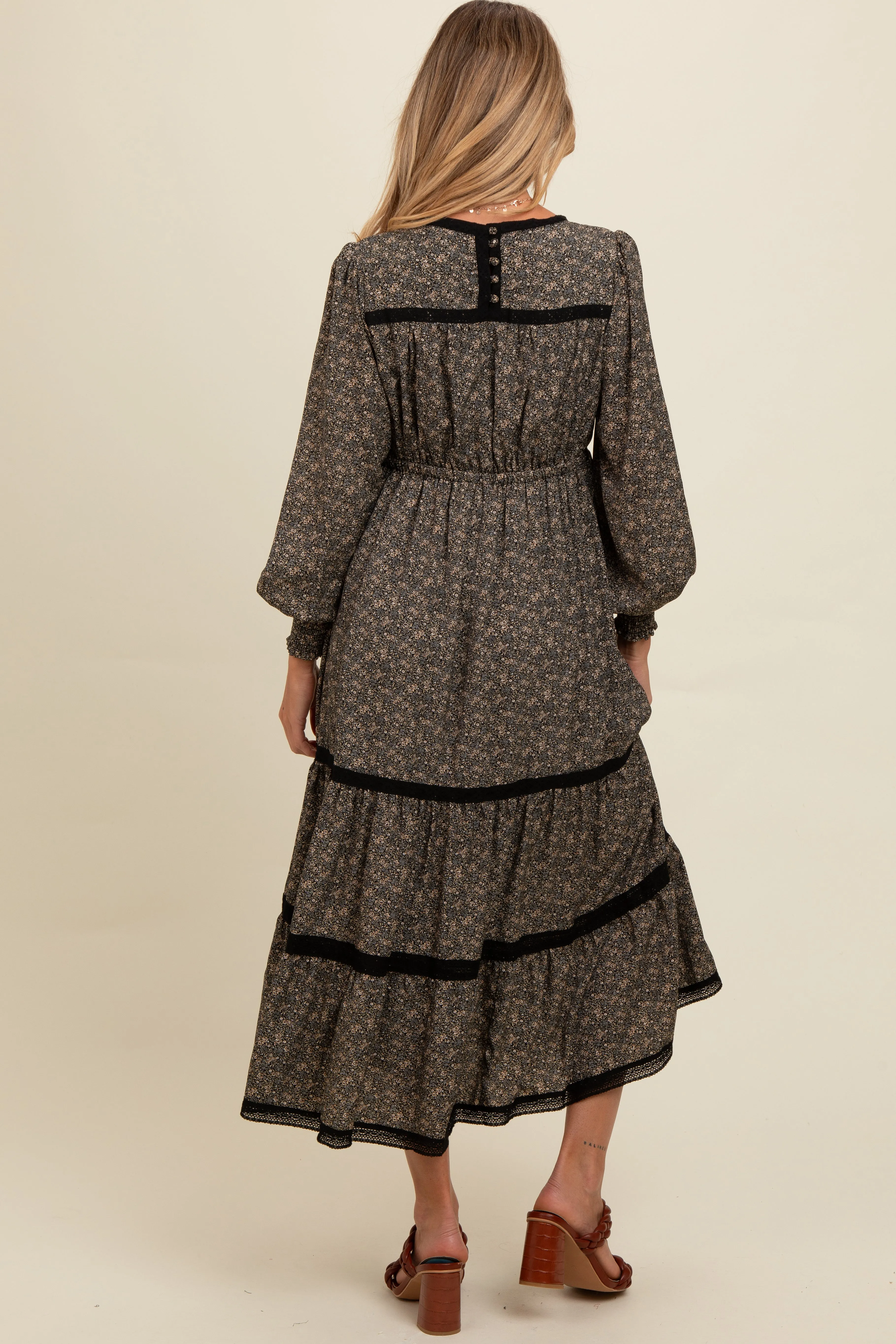 Black Floral Lace Trim Bubble Sleeve Maternity Maxi Dress sold by Pinkblush product image thumbnail 4