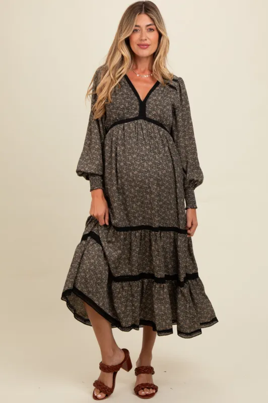 Black Floral Lace Trim Bubble Sleeve Maternity Maxi Dress sold by Pinkblush