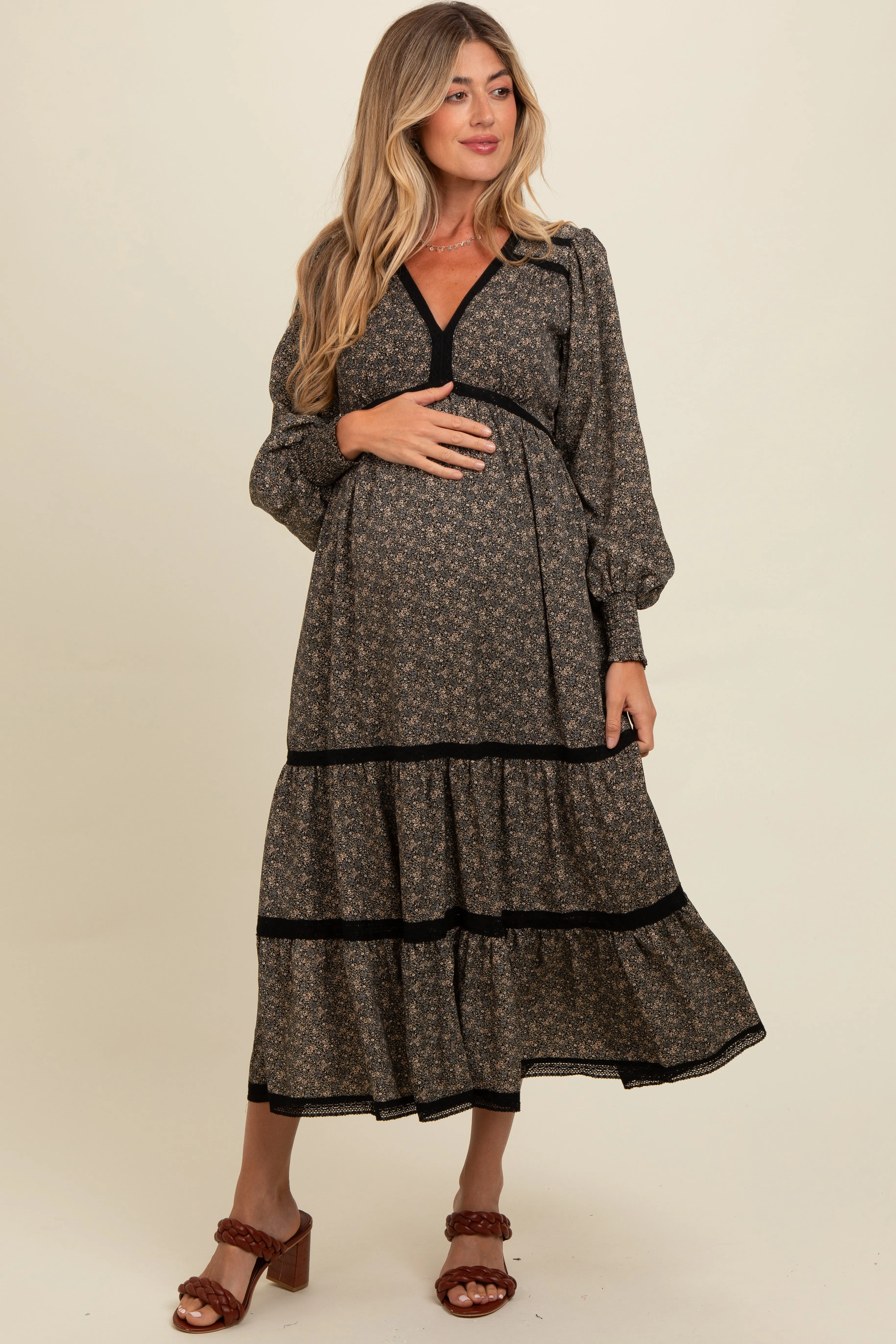 Black Floral Lace Trim Bubble Sleeve Maternity Maxi Dress sold by Pinkblush product image thumbnail 2