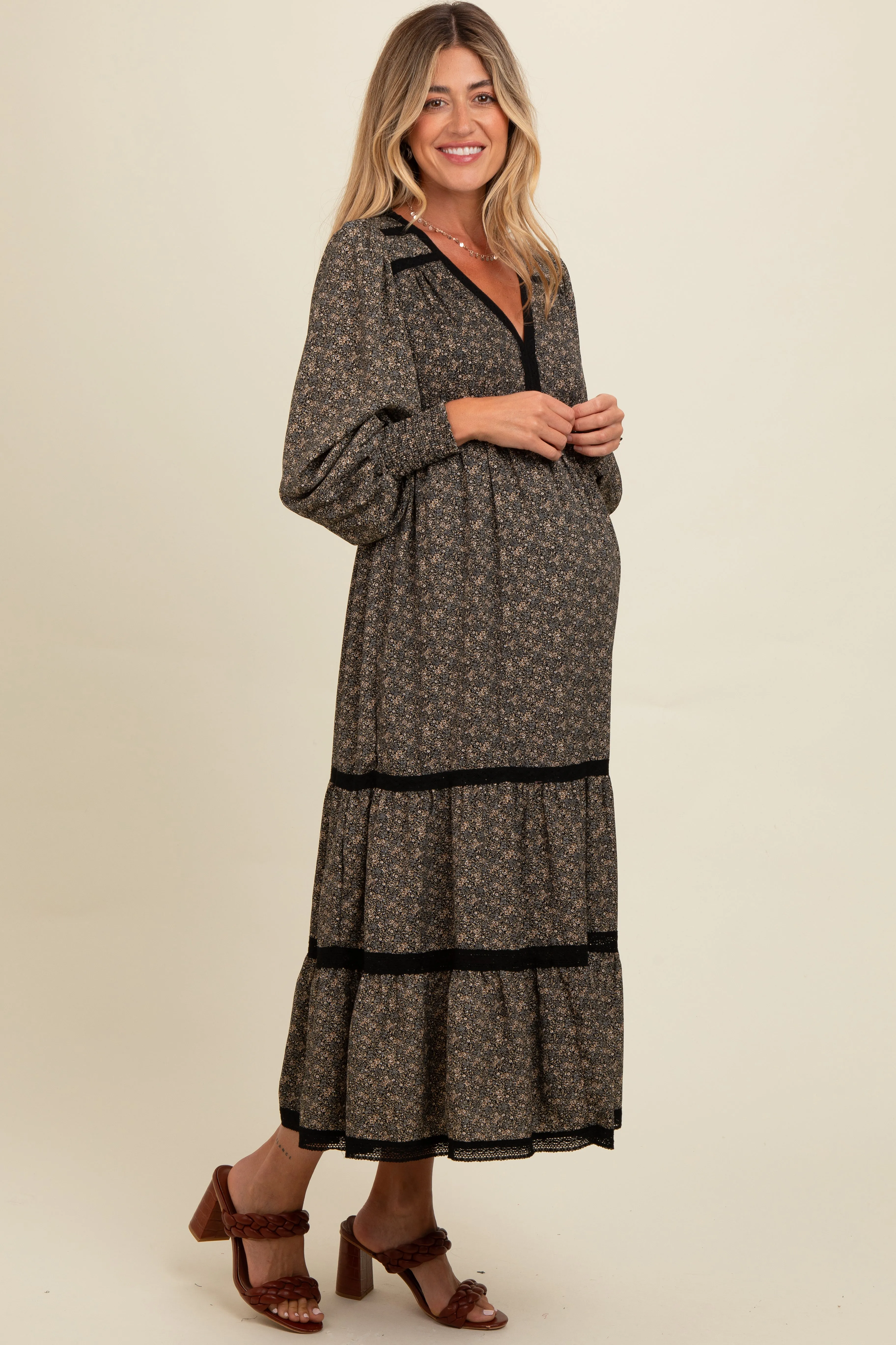 Black Floral Lace Trim Bubble Sleeve Maternity Maxi Dress sold by Pinkblush product image thumbnail 3