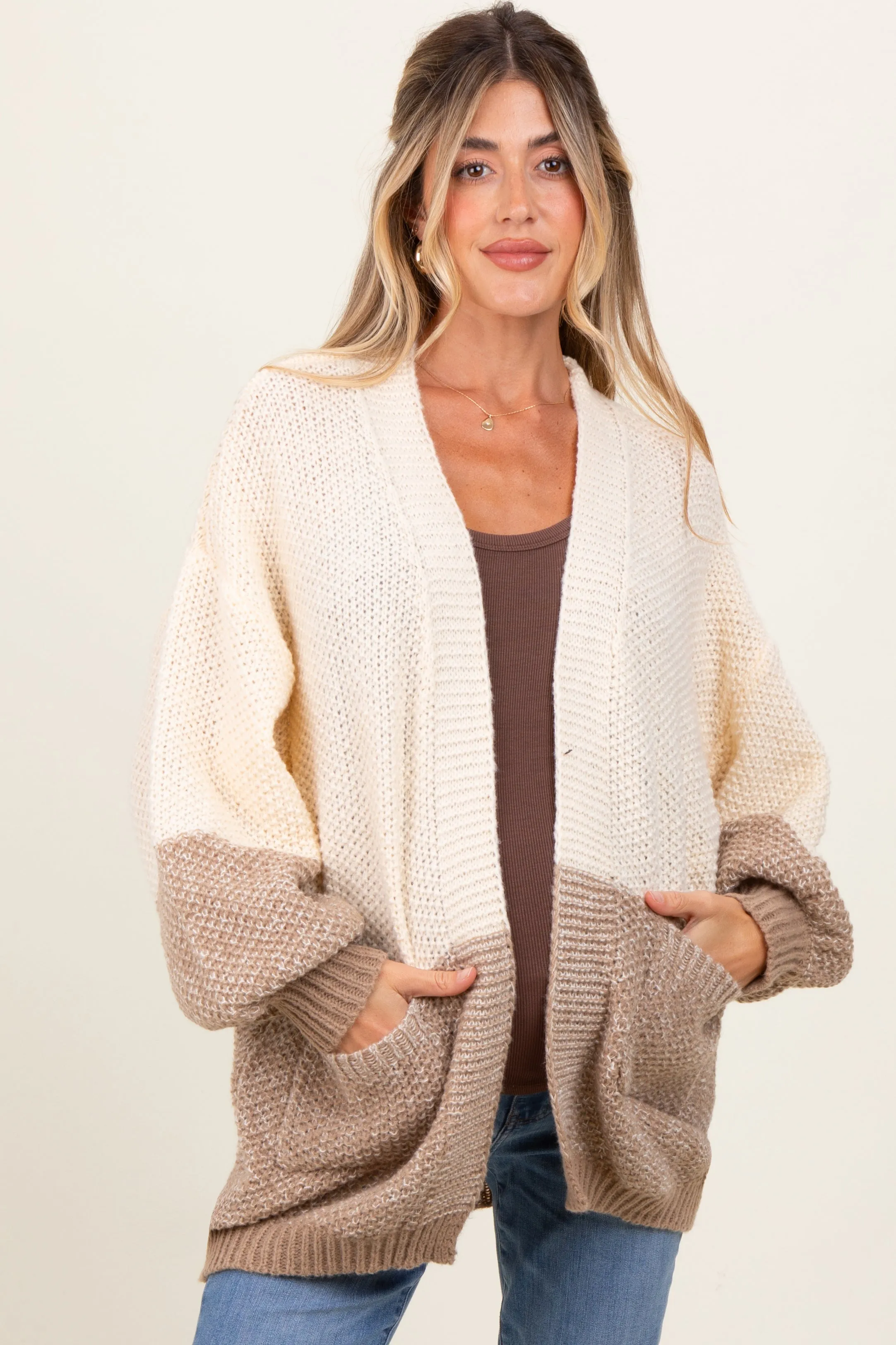 Cream Colorblock Bubble Sleeve Knit Maternity Cardigan sold by Pinkblush