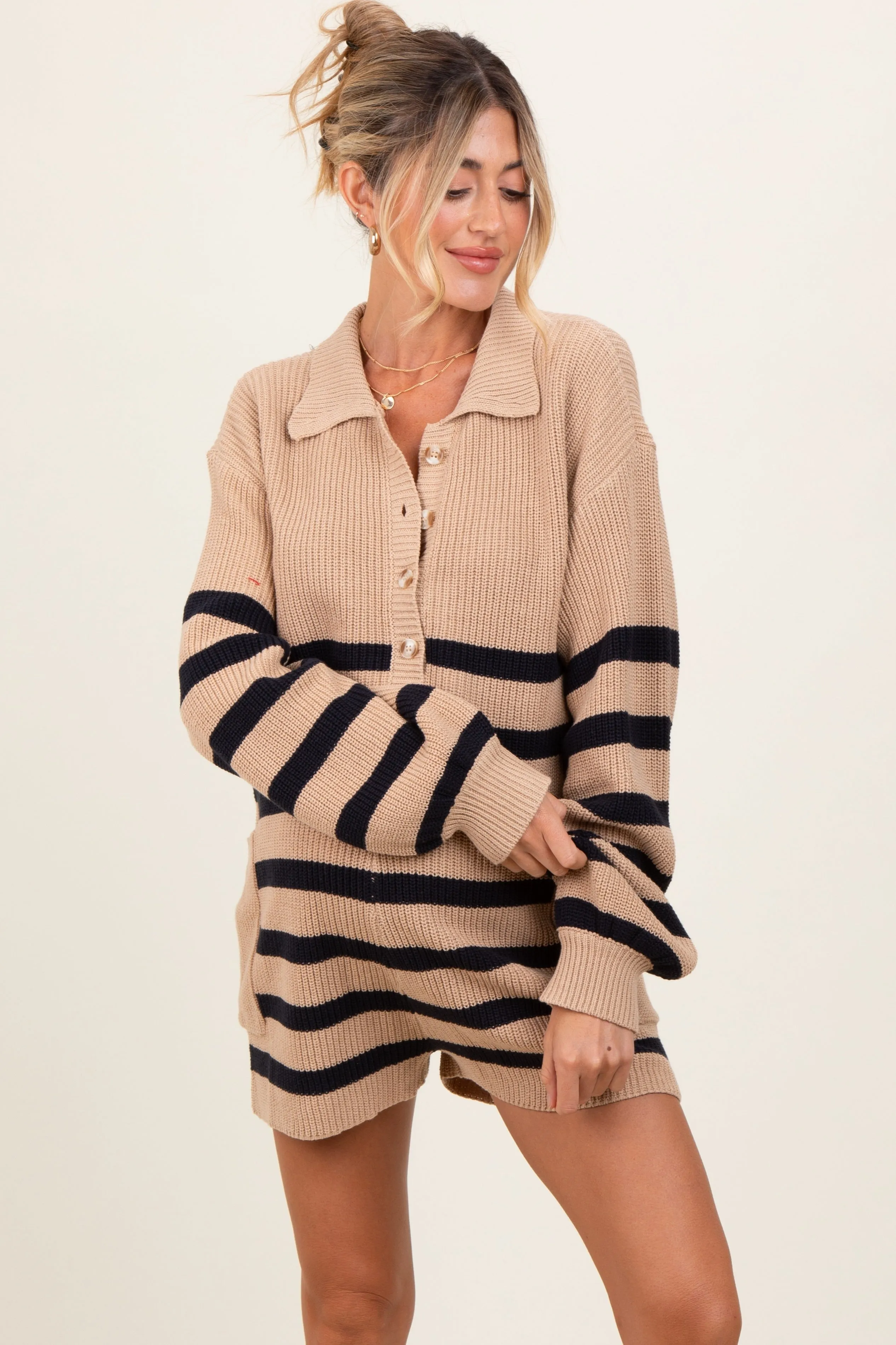 Beige Striped Button Up Collared Maternity Sweater Romper sold by Pinkblush