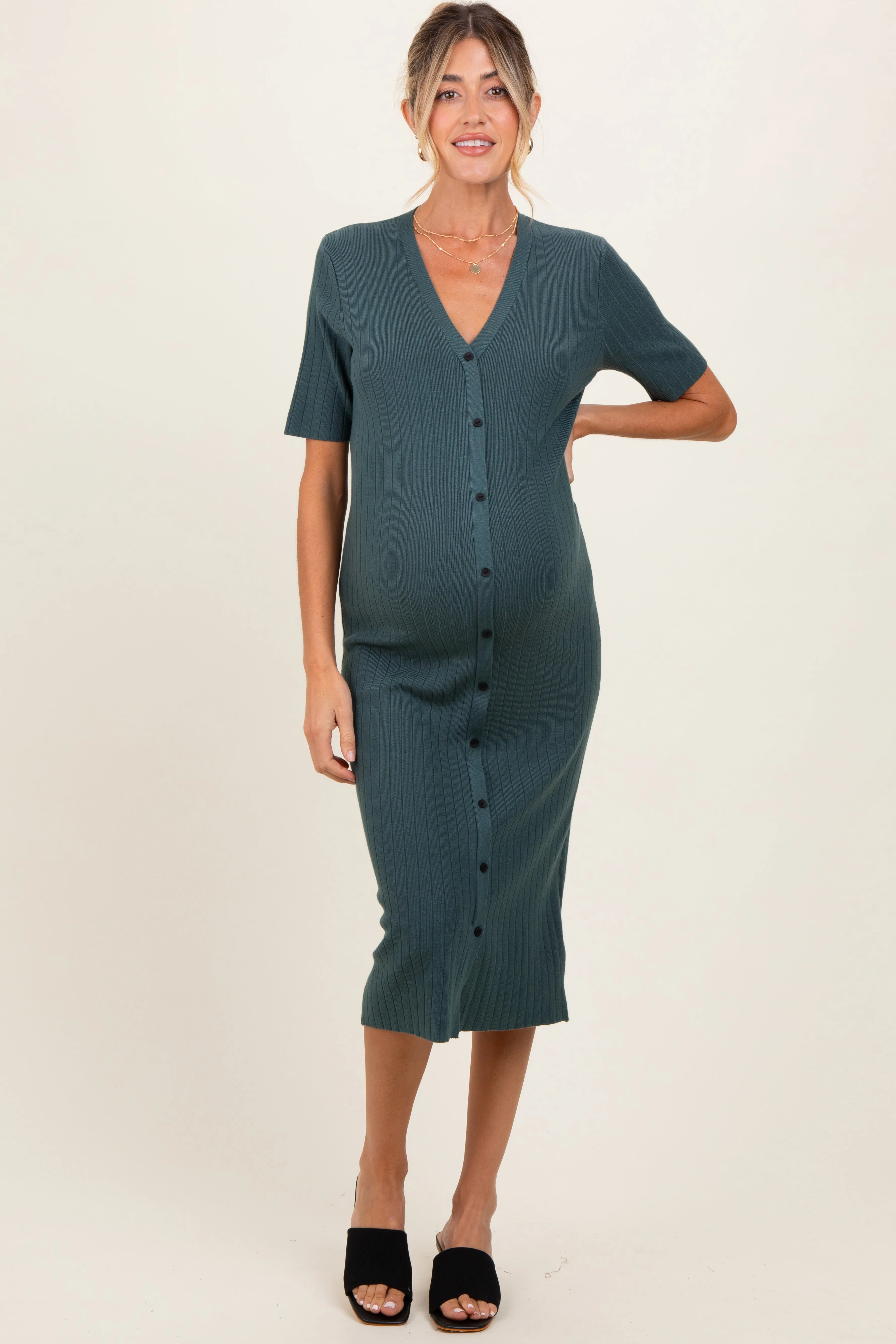 Forest Green Button Down Maternity Sweater Midi Dress sold by Pinkblush