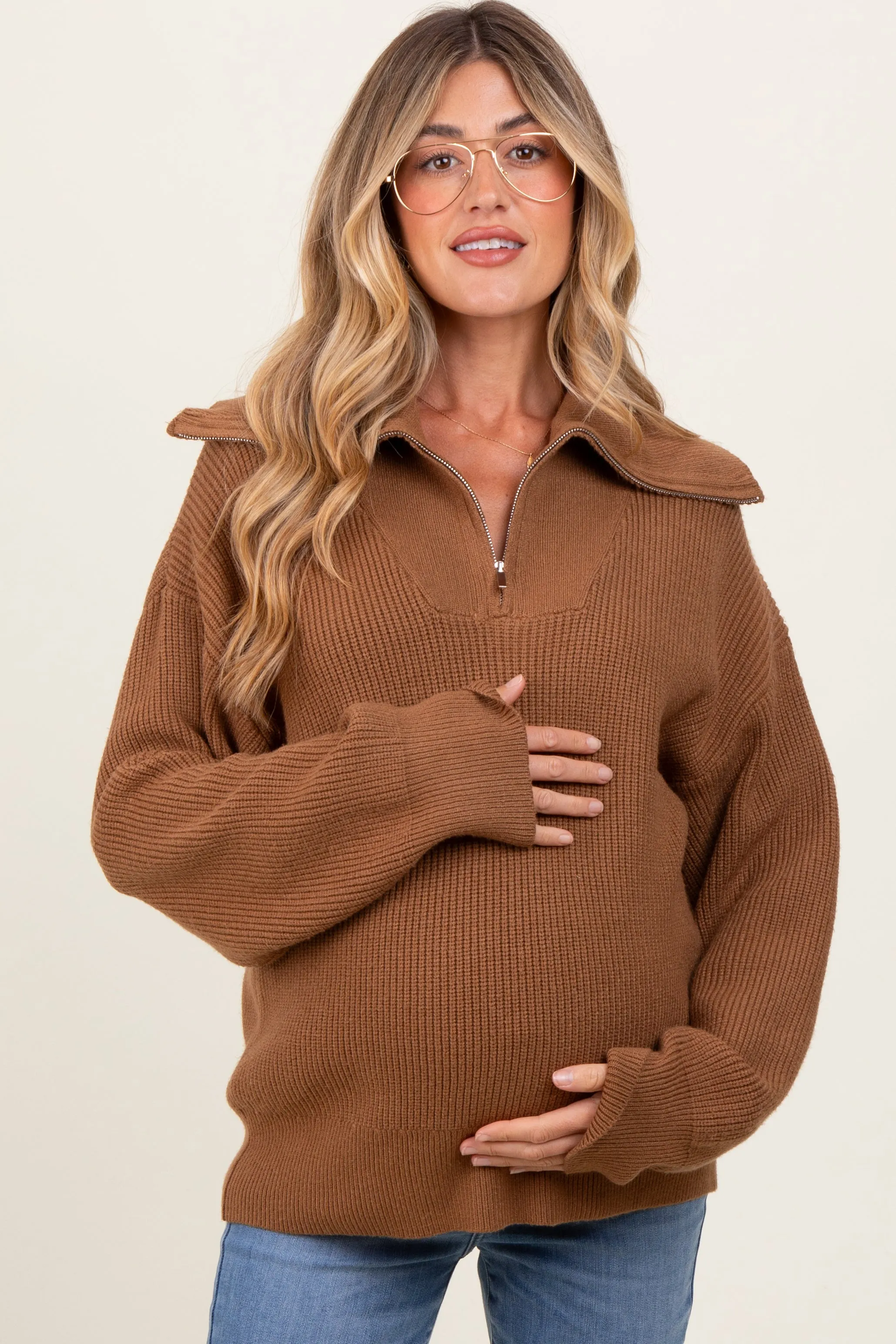 Camel Half Zip Chunky Knit Maternity Pullover Sweater sold by Pinkblush